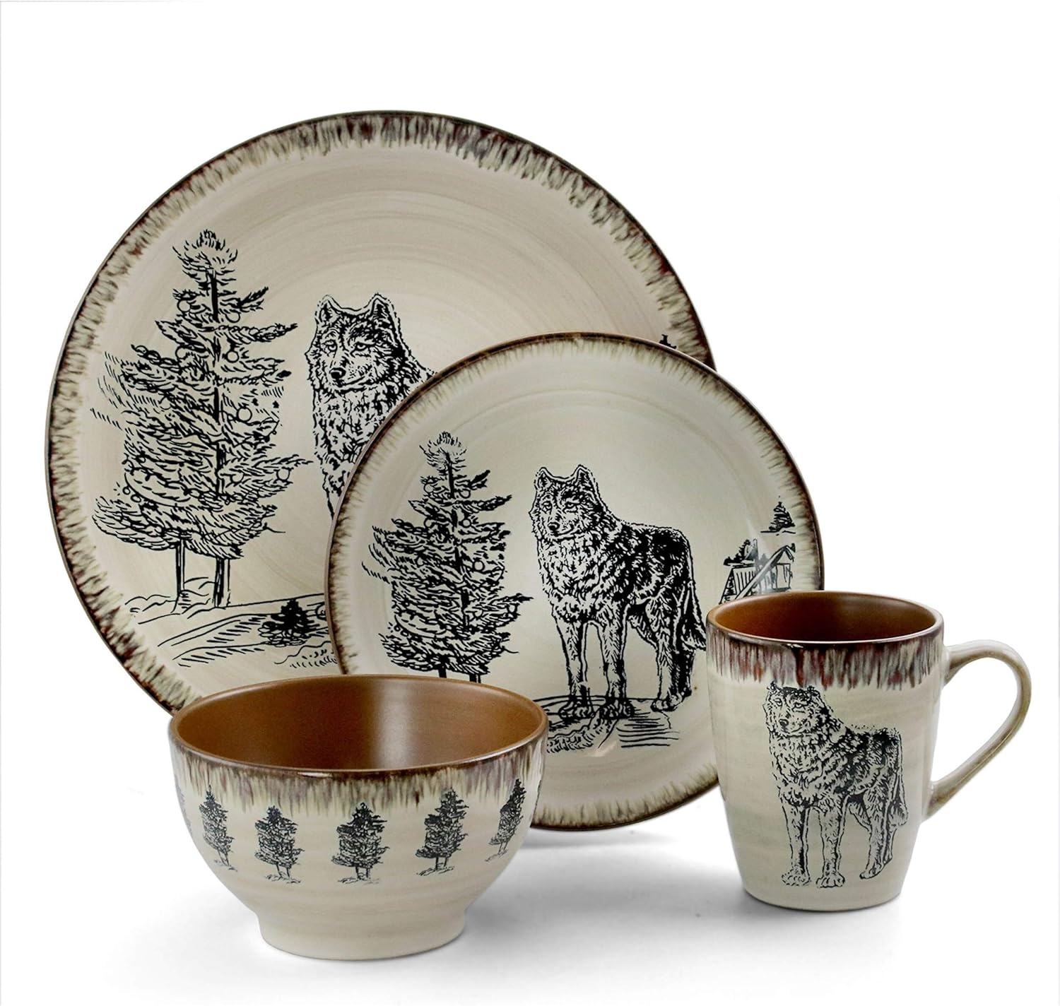 Misc Wolf 16 Piece Round Stoneware Dinnerware Set in Taupe Tan Animal Casual Microwave Safe