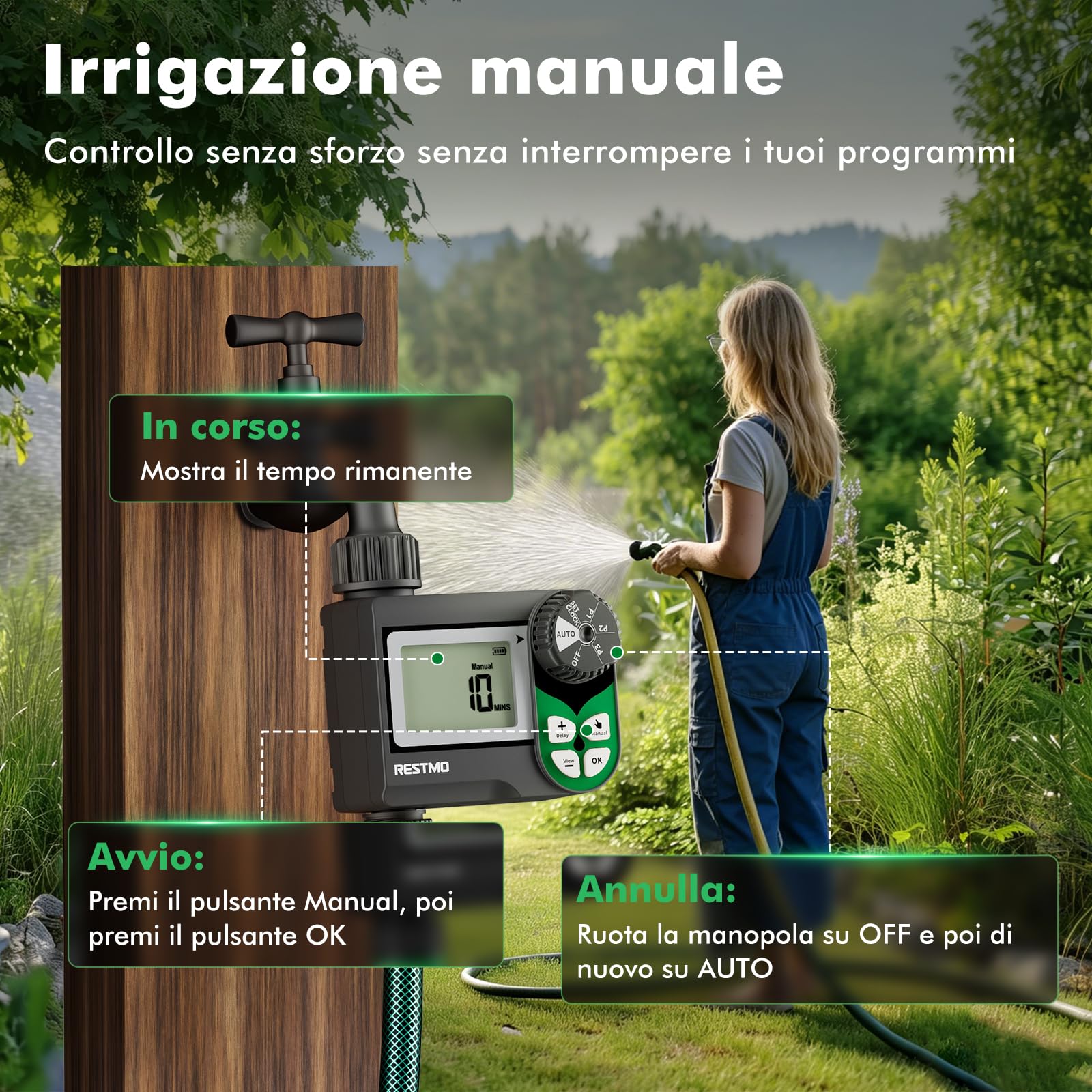 RESTMO Computer di Irrigazione, Timer Irrigazione con valvola a sfera | Programma Settimanale, 3 Piani e Ritardo Della Pioggia (24-72 h), per Cisterne Piovane, Aiuole Rialzate e Prati