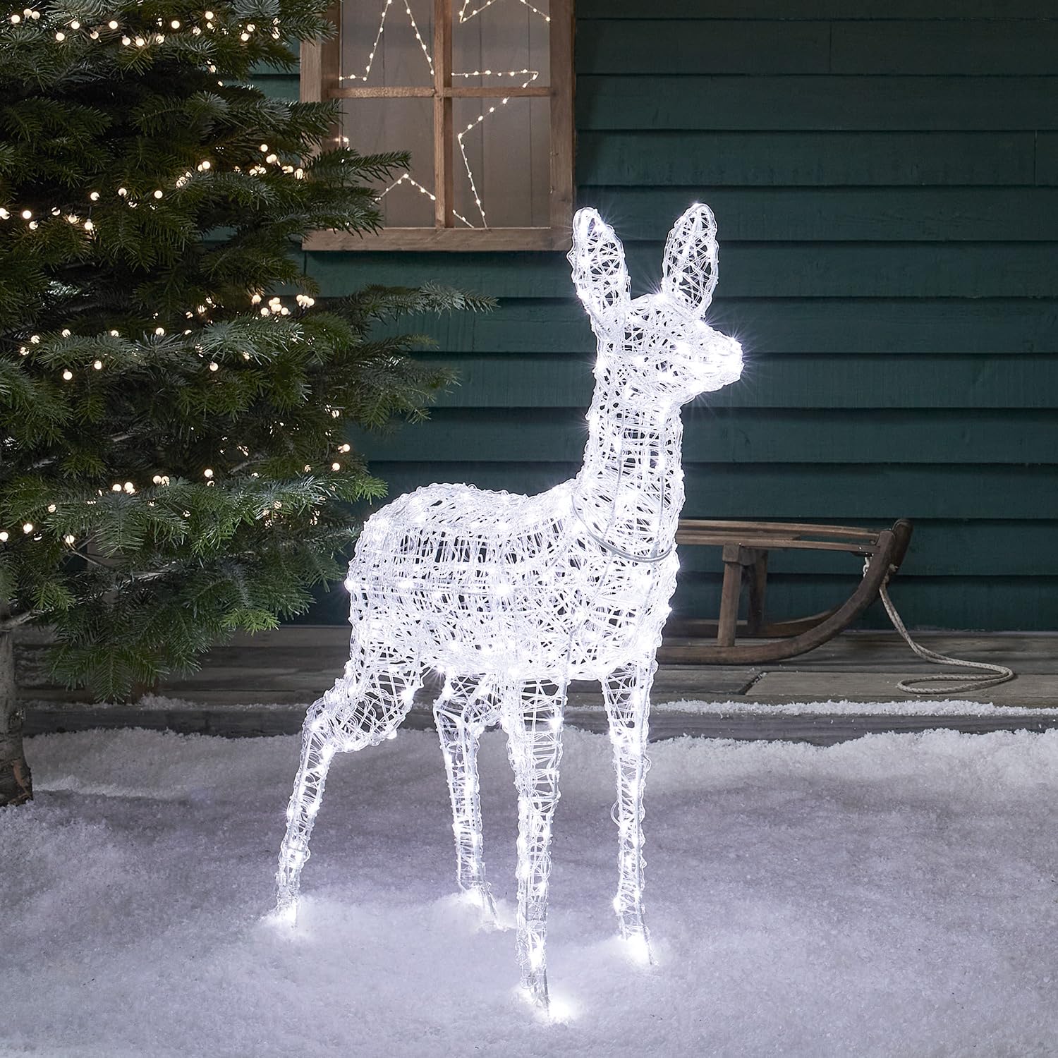 Lights4fun 3-in-1 Swinsty LED Rentier Figur Mutter 105cm Timer Weihnachtsbeleuchtung Außen und Innen