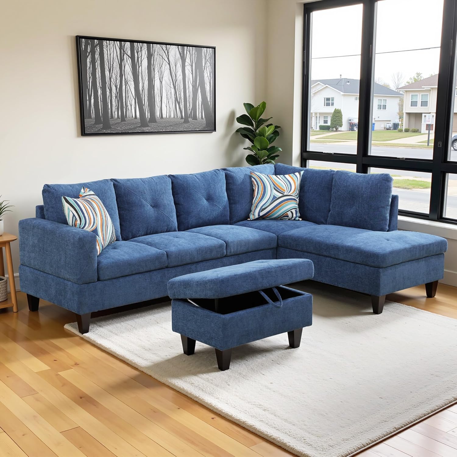 L Shaped Couch Sectional Couch Upholstered Linen 3 Pieces Sofas for Living Room with Chaise, Ottoman with Storage for Office and Small Apartment, Blue