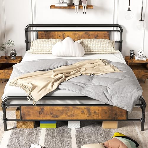 Base de cama King con cabecero, base de cama de plataforma pesada con base de metal fuerte, fácil montaje, no necesita somier, marrón vintage disponible en Yaxa Peru