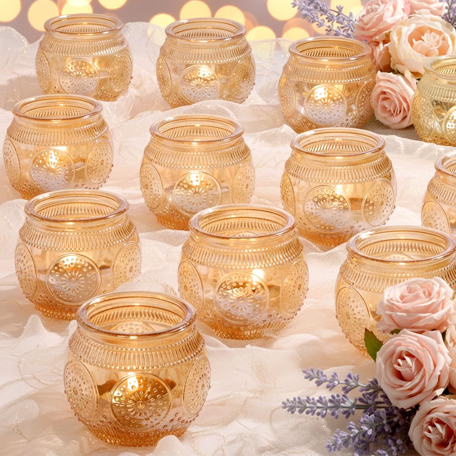 LAMORGIFT 48 Pcs Gold Candle Holders Bulk- Floral Style Gold Centerpieces for Table, Tealight Candle Holders for Wedding, Bridal Shower, Birthday,