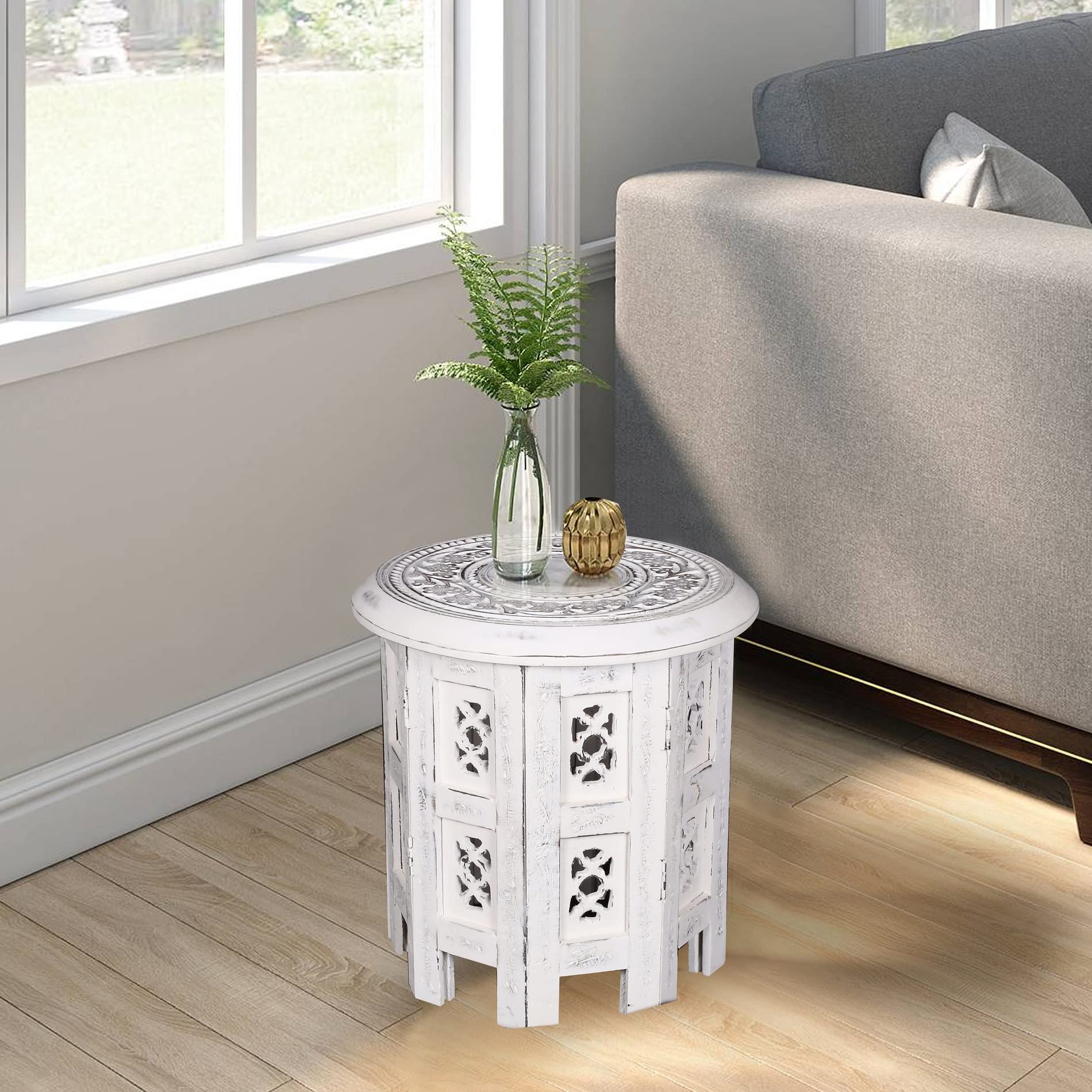 topfurnishing Beautiful Round Hand Carved Indian Shesham Wooden Coffee Table Side[White,Small 12"x12"x12"] — image 1