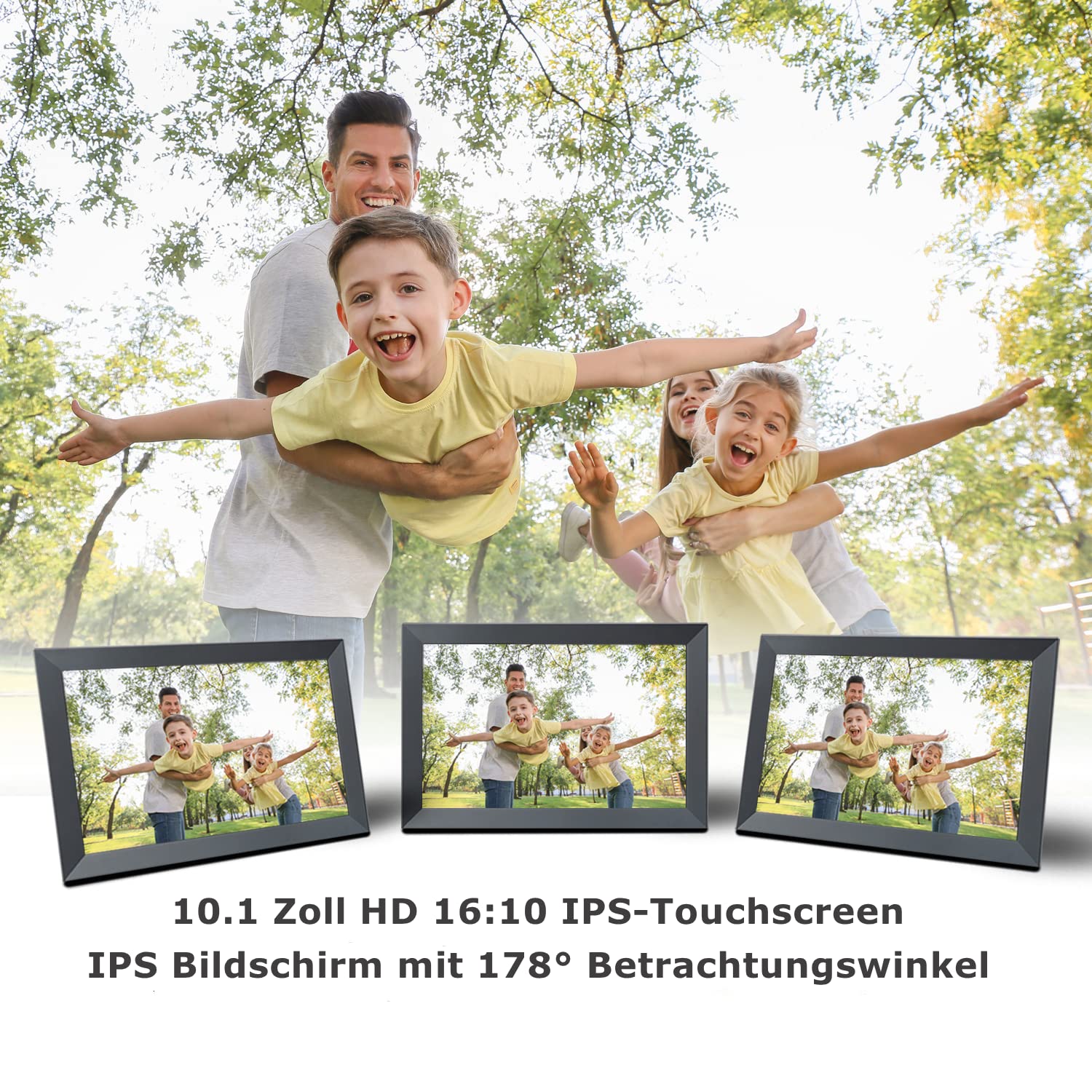 Digitaler Bilderrahmen WLAN 10.1 Zoll, HD IPS-Touchscreen Elektronischer Bilderrahmen mit 32 GB Speicher, Automatische Drehung, Teilen von Fotos oder Videos überall über Frameo App