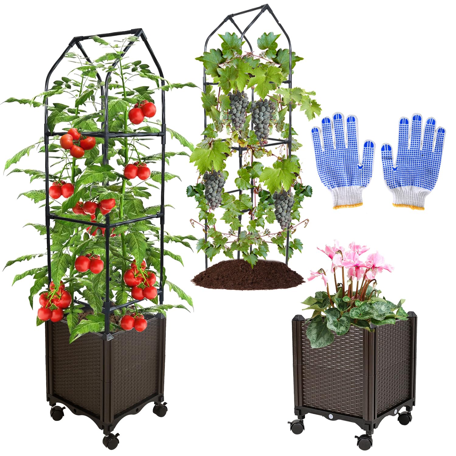 MQJIAZHITomato Planter Box with Trellis for Climbing Vegetables Plants, Self Watering Tomato Cages for Garden Pots, Tomato Plant Support Cage for Patio, Use for Indoor Outdoor（1 Pack）