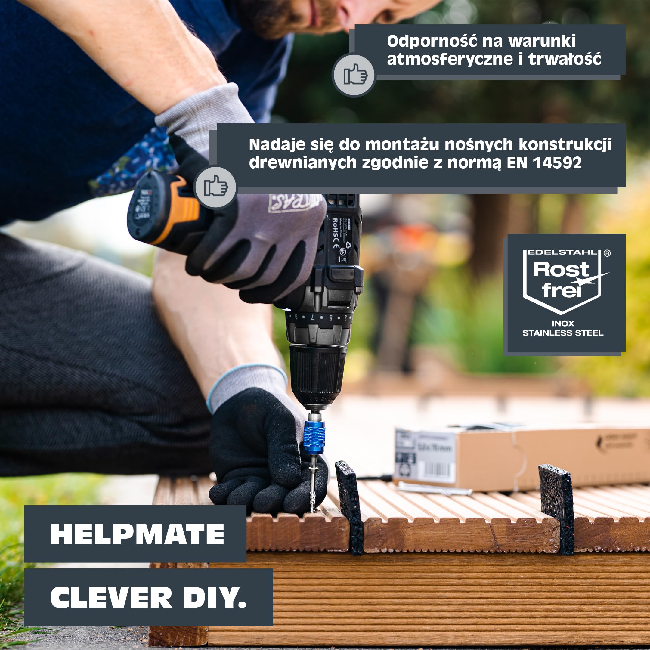 HELPMATE Śruby tarasowe, stal nierdzewna A2, 5 x 60, 500 sztuk śrub do desek + 2 bity T25, śruby do desek tarasowych do użytku na zewnątrz (budowa tarasów, domków ogrodowych, konstrukcji drewnianych itp.)