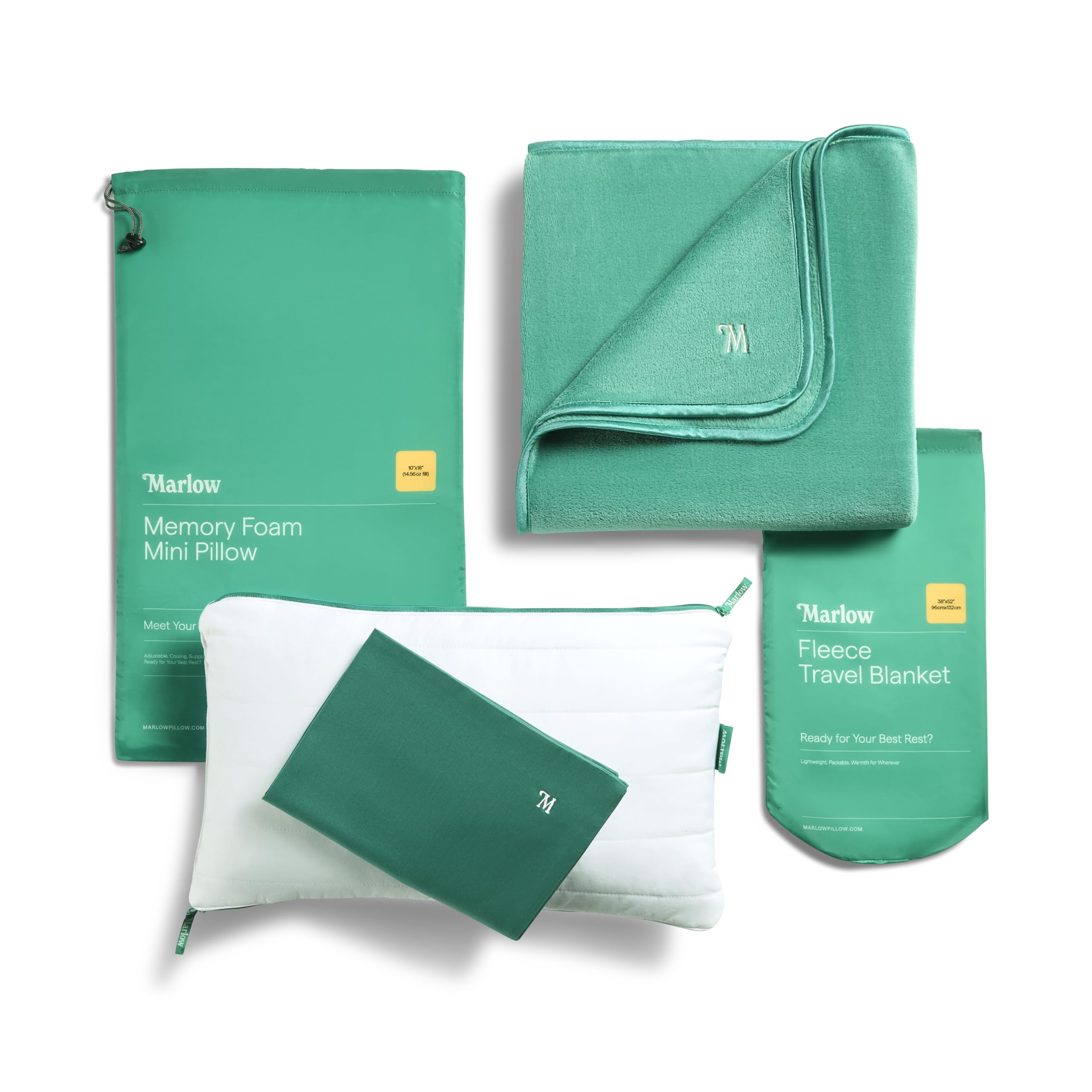 MarlowTravel Bundle by Brooklinen - Provides Back and Neck Pain Relief - Ideal Back, Stomach and Side Sleeper Pillow - Includes Memory Foam Mini Pillow and Fleece Travel Blanket