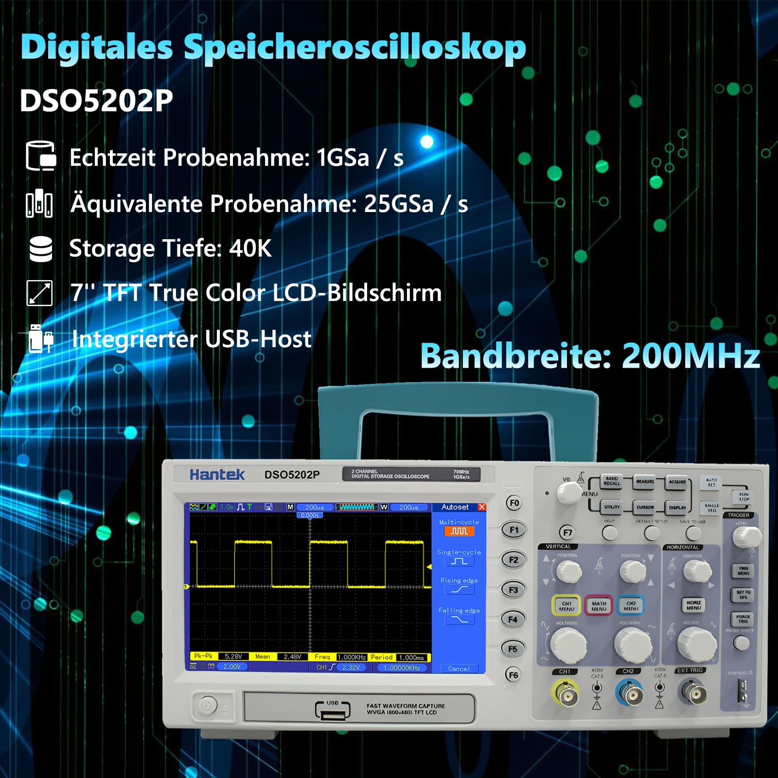 Hantek DSO5202P - Oscilloscopio digitale portatile 2 in 1 200 MHz 1GSa/s, 8 bit, 40 K Desktop Storage Oscilloscopio con trigger esterno (2CH + EXT) Supporta memoria USB
