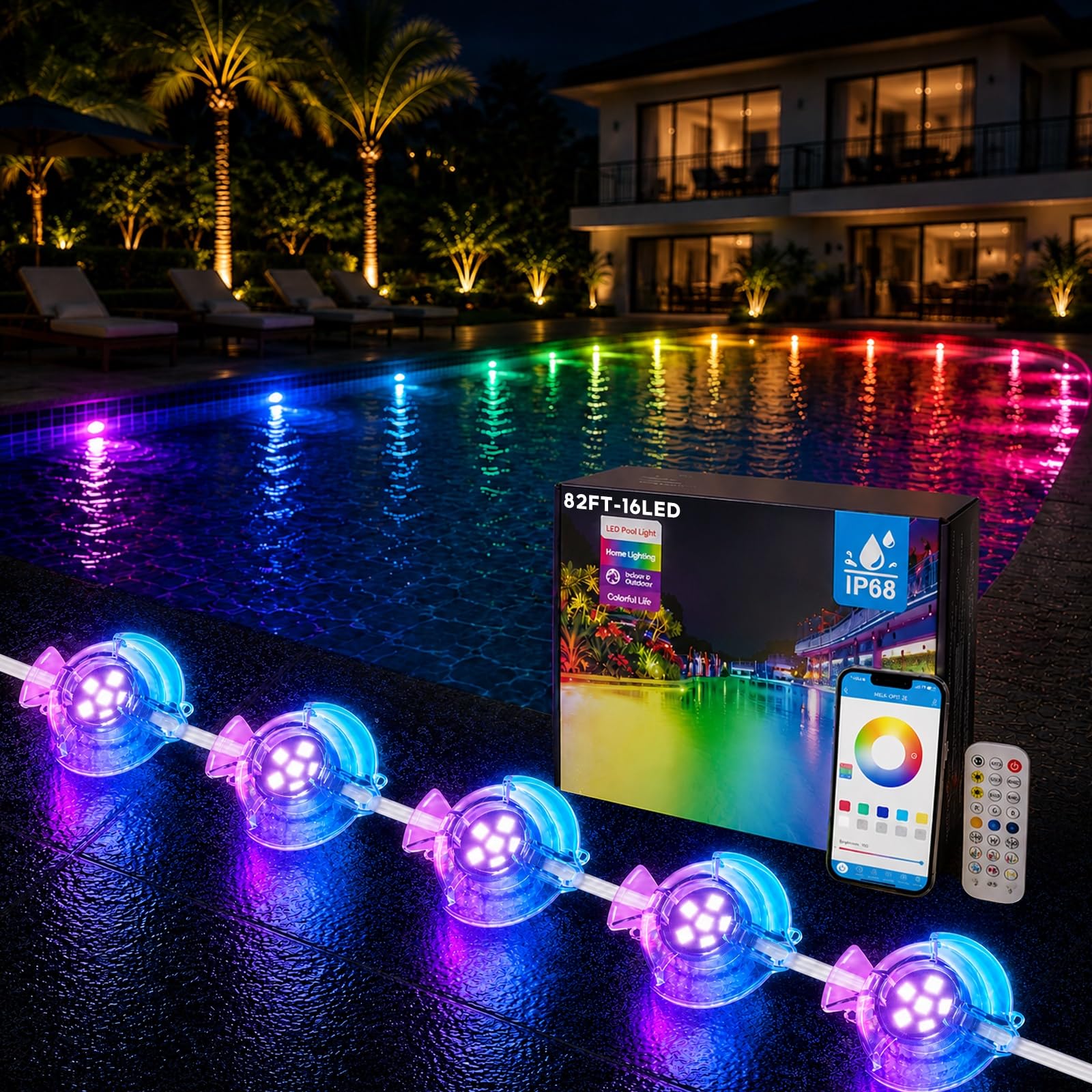 Soiarllt Swimming Pool Lights Underwater with APP & Remote Control, 82ft 16-in-1 RGB Pond Lights Mains Powered, 16 Million Colors 44 Modes Timer, IP68 Submersible LED Pool Lights for Garden Fountain