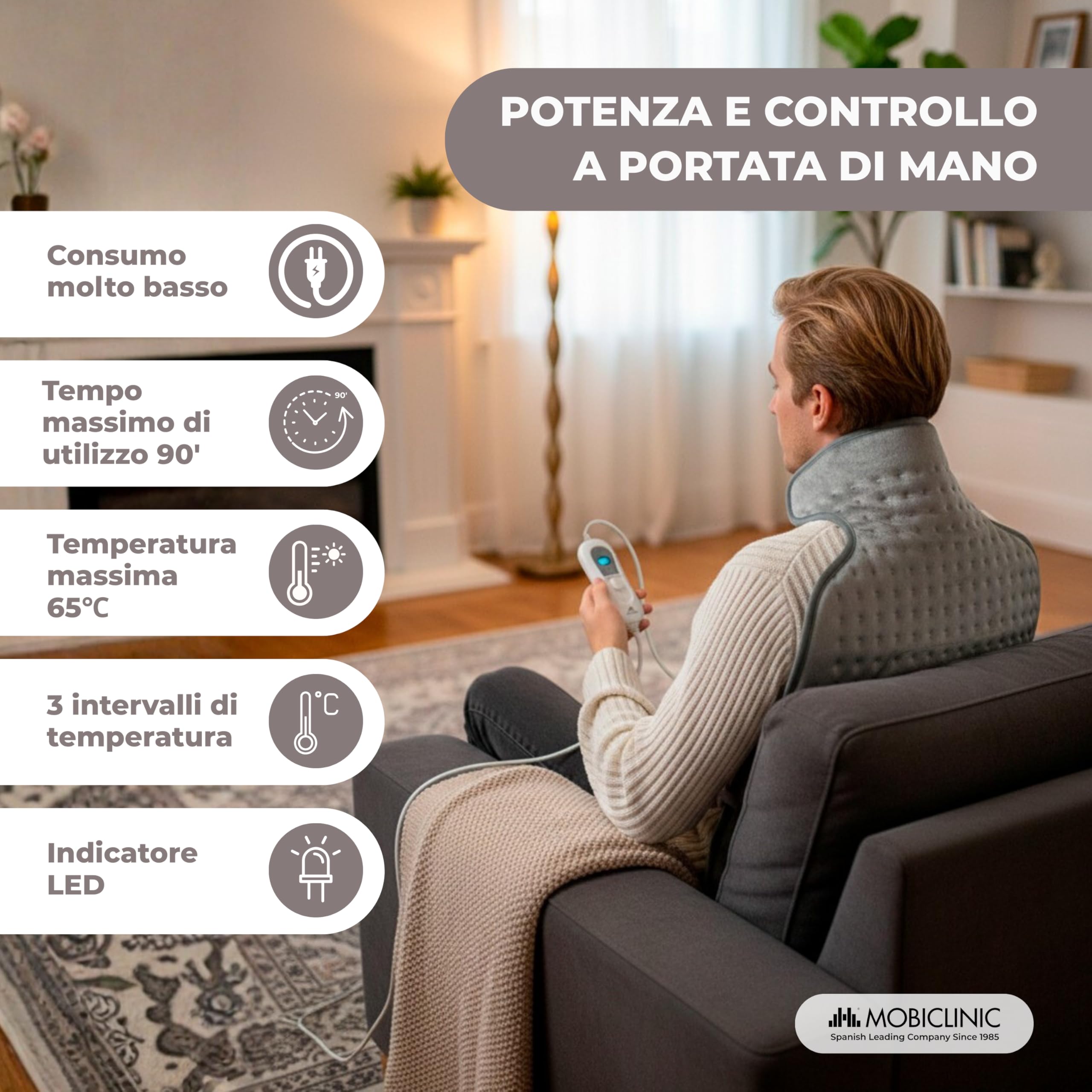Mobiclinic®, Termoforo elettrico, Cuscino termico per collo e spalle, Basso consumo, 3 livelli di calore, Spegnimento automatico, Zona lombare cervicale, Lavabile, 62x43