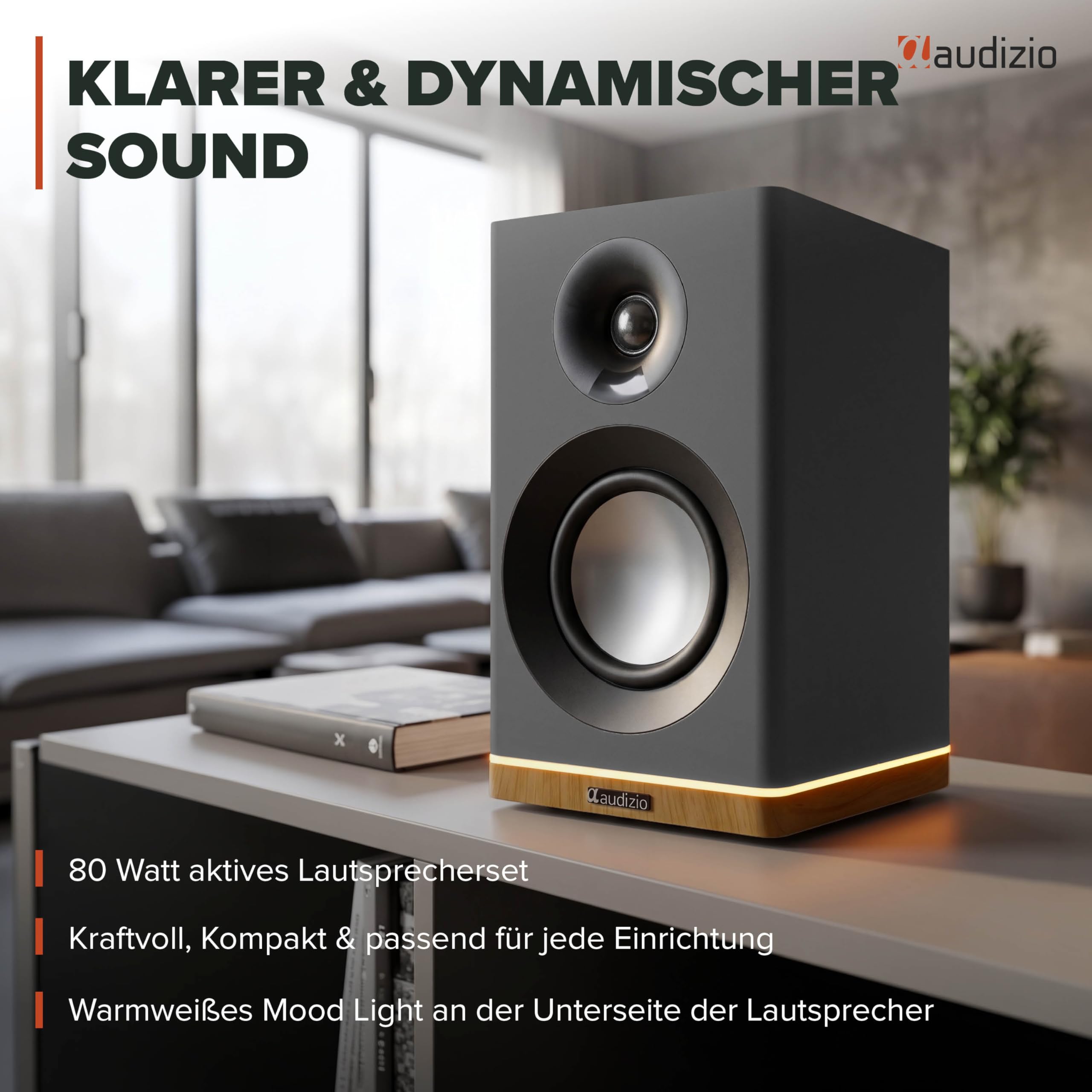 Audizio KS12 Aktiv Lautsprecher Boxen Set 80 Watt - HiFi Boxen mit Bluetooth 5.3, Ambiente-Licht, HiFi Lautsprecher mit Verstärker für TV & PC, Sub-Out, HDMI, Optisch, USB & Fernbedienung - Schwarz