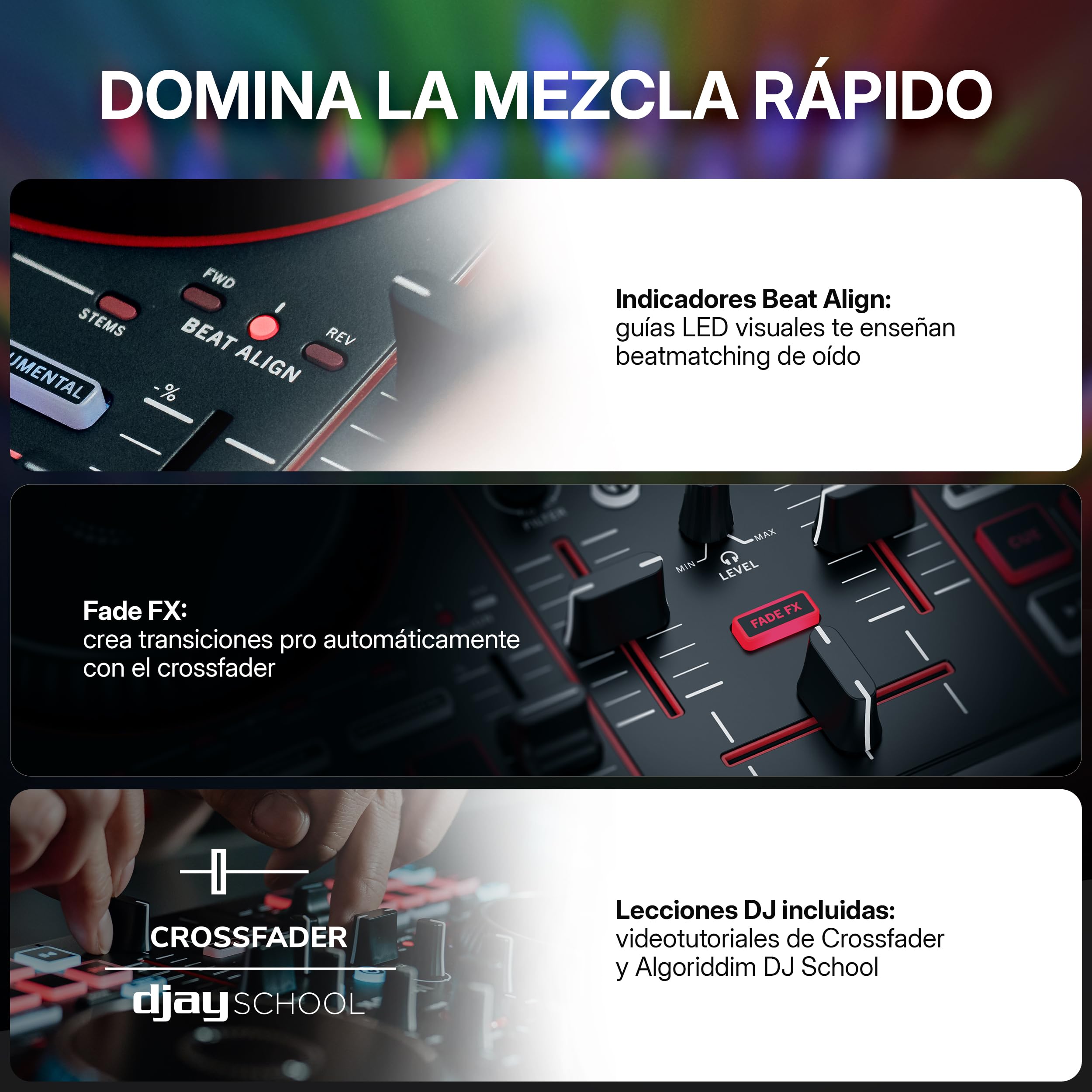 Numark Party Mix III Controlador DJ Bluetooth con Luces Integradas | Beat Assist, Smart Fader, 16 pads, mezclador DJ de 2 decks, control Stems, USB-C, Serato DJ Lite y Algoriddim djay incluidos