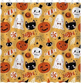 Funnytree Halloween Shower Curtain Set with Hooks Cute Cartoon Pumpkin Spooky Ghost Home Bathroom Bathtubs Decor Easy Care Washable Durable Polyester Fabric 72"x72"