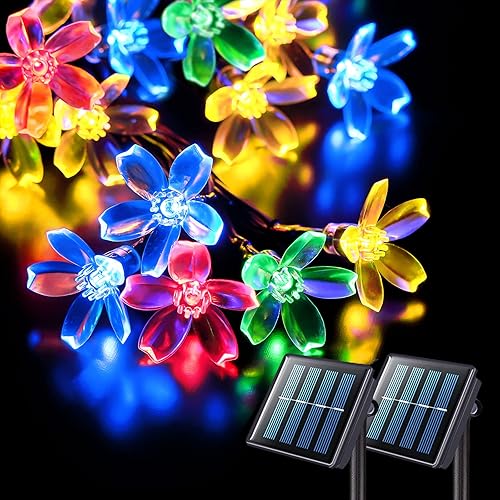 JMEXSUSS Paquete de 2 luces solares de Navidad, cada una de 30.6 pies, 50 luces LED de cerezo de Navidad para exteriores, impermeable, tira de luces