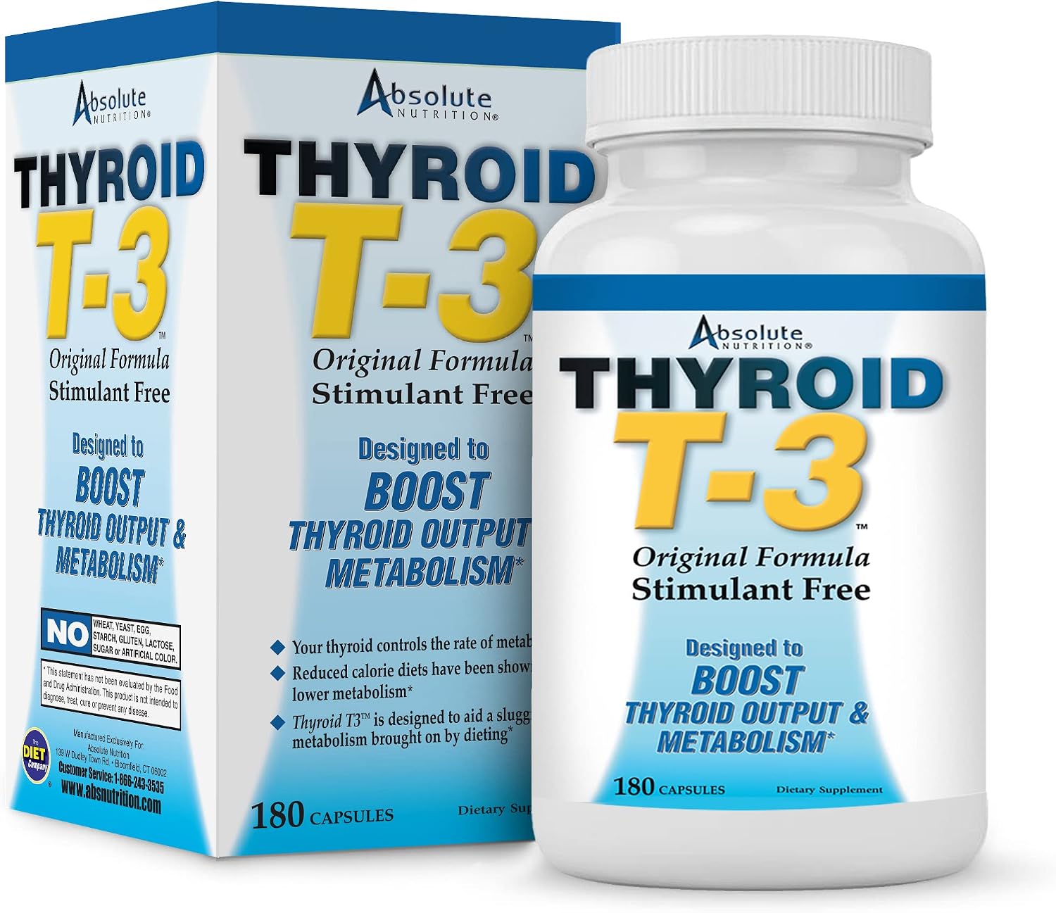 Absolute Nutrition Thyroid T-3 Radical Metabolic Booster, Energy & Focus Unflavored Thyroid Support Formula Capsules, Natural Metabolism Booster, Support Healthy Thyroid Function, 180 Capsules
