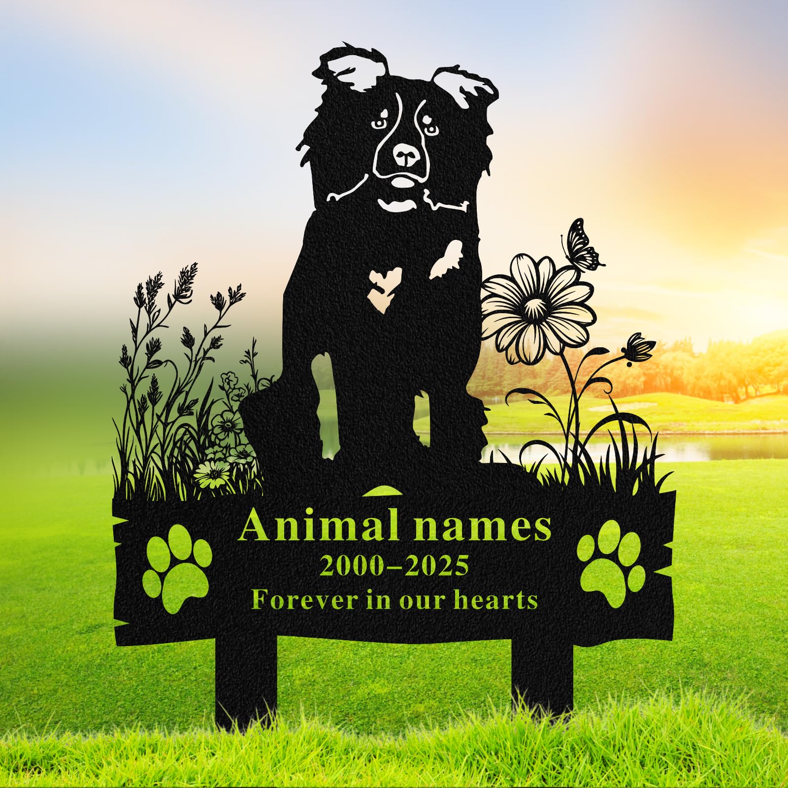 Quanqiuyi Personalized Border Collie Memorial Plaque - Custom Metal Grave Marker for Dogs, Weatherproof Pet Headstone with Stake for Garden Yard, Sympathy Gift