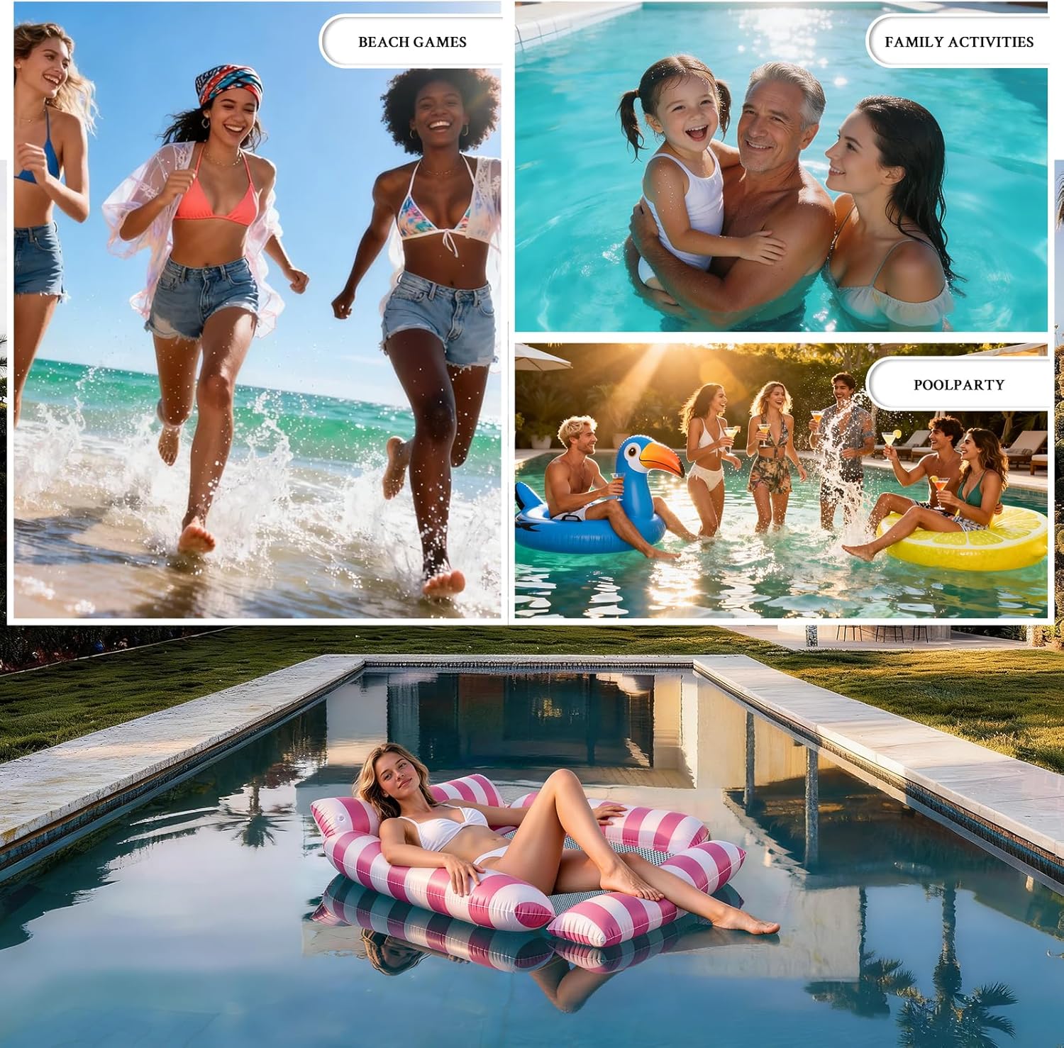 Pool Floats Adult Inflatable Hammock with Cooling Mesh, Portable Foldable Water Chair for Beach Vacation Essentials, Striped Floaties for Adults, Lightweight for Travel & Summer Relaxing