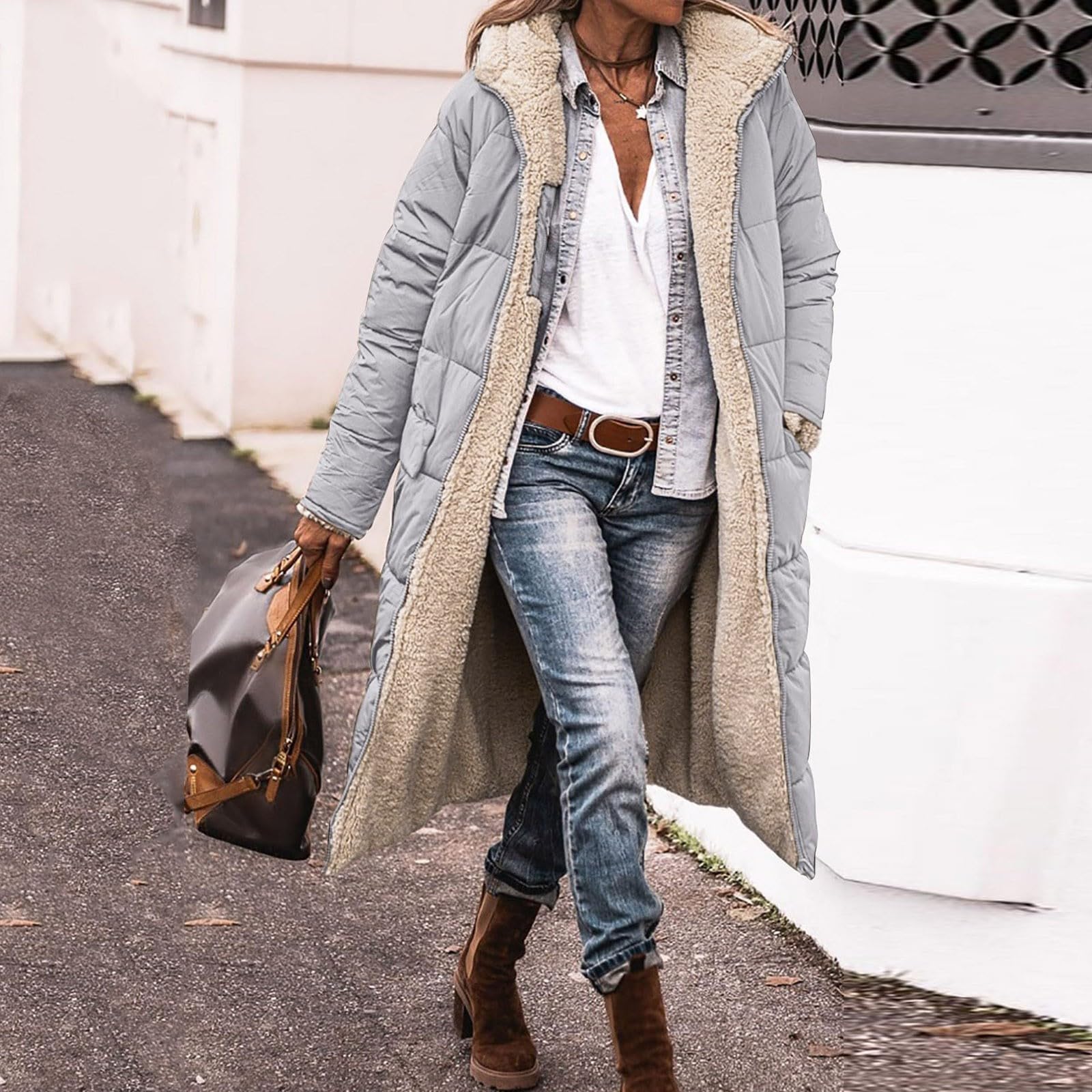 Generisch Cappotto invernale da donna, lungo, invernale, elegante, con imbottitura calda, con tasche, alla moda, con cerniera, piumino con cappuccio