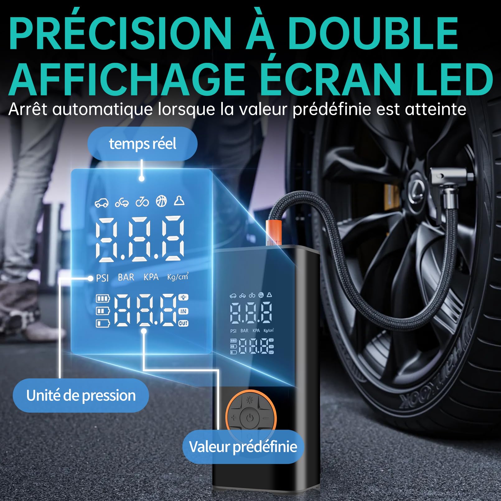 Gonfleur de pneus sans fil compresseur d'air portable pompe à pneus de voiture numérique DC 12V 150PSI pompe à air électrique pour pneus de véhicule/vélo/gonflables avec préréglée et arrêt automatique