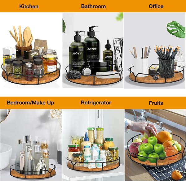 Lazy Susan Turntable Organizer for Cabinet Pantry Kitchen Countertop Refrigerator Cupboard, Pine Wood, 9", Carbonized Black - 4