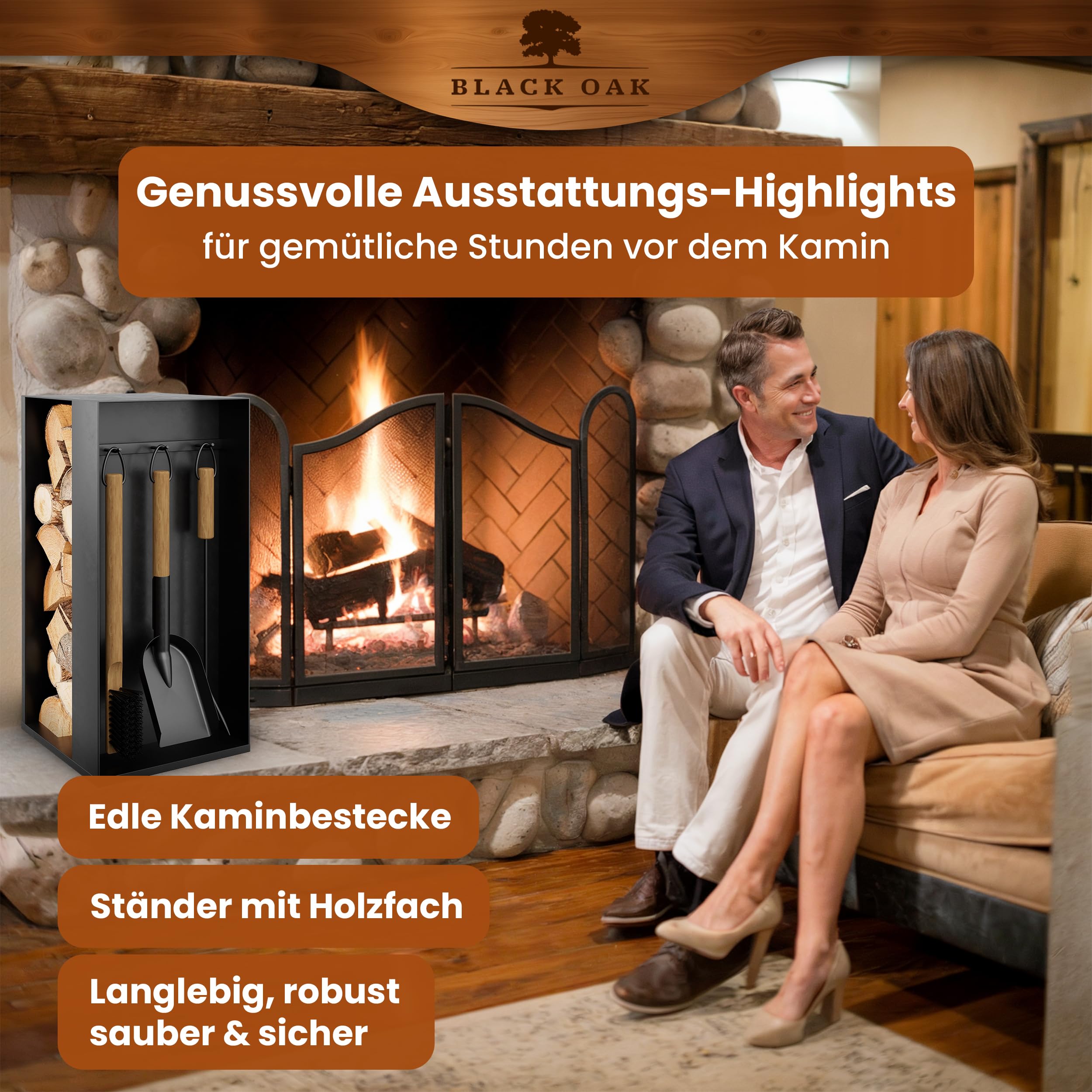 BLACK OAK Kaminbesteck ASPEN 4-teilig - praktisches & repräsentatives Ofenbesteck Set schwarz mit Holzgriff 4 teilig Ständer + Schürhaken Ascheschaufel Kaminbesen Stahl Kaminzubehör Besteck für Ofen