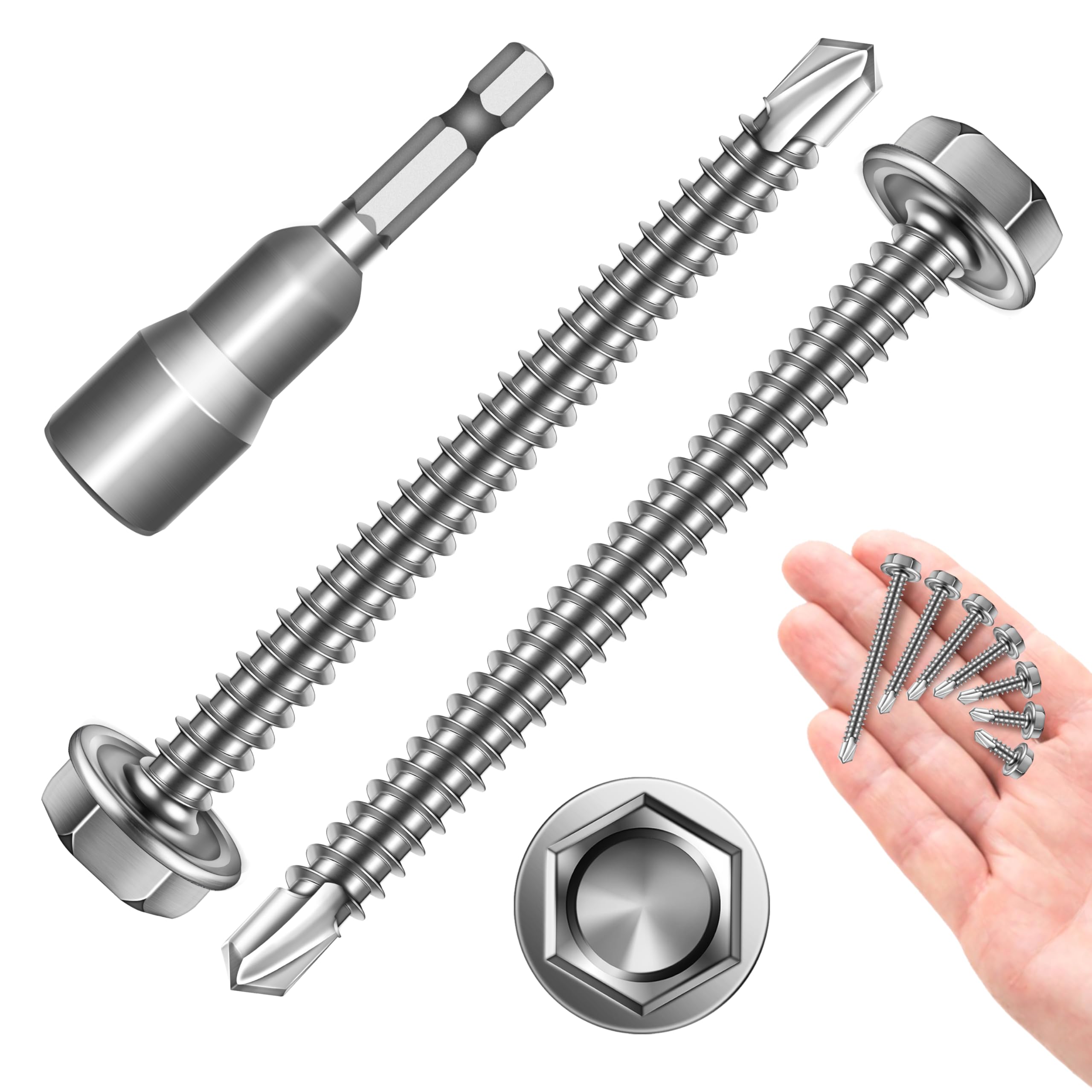 Sheet Metal Screws 50Pcs #8 x 2 Self Tapping Screws for Metal, 410 Stainless Steel Hex Head Self Drilling Screws for Metal Plastic Wood, High-Strength