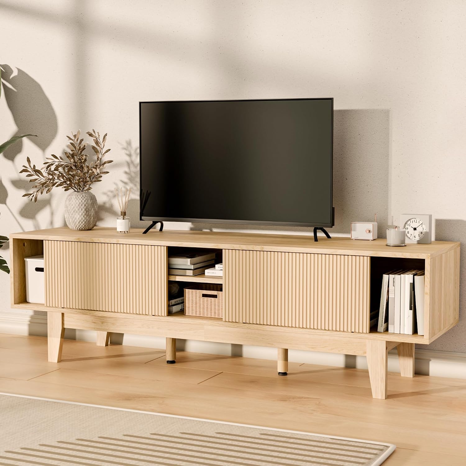 TV Stands for 55 60 65 inch TV, Oak Fluted TV Stand for Living Room, Mid Century Modern TV Console Tables, Entertainment Center with Storage Cabinet, Sliding Doors and Open Shelves