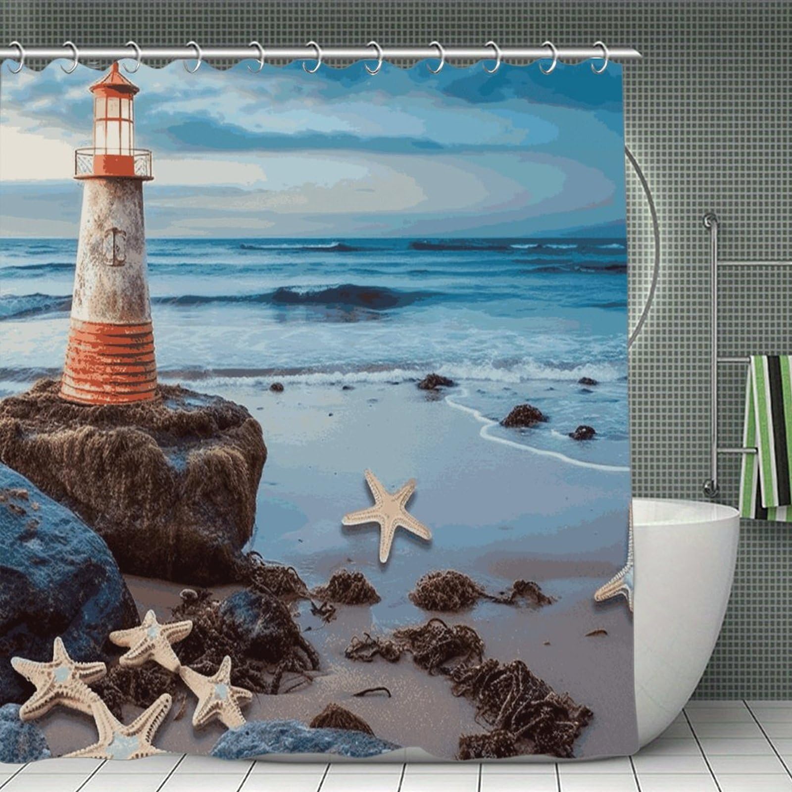 FekiLoot Starfish Lighthouse Beach Shower Curtain Minimalist Thick Bathroom Curtain Washable Modern Bathroom Shower Curtain Heavy Duty Waterproof Cloth Bath Curtain with Hooks 70.8"x70.8"