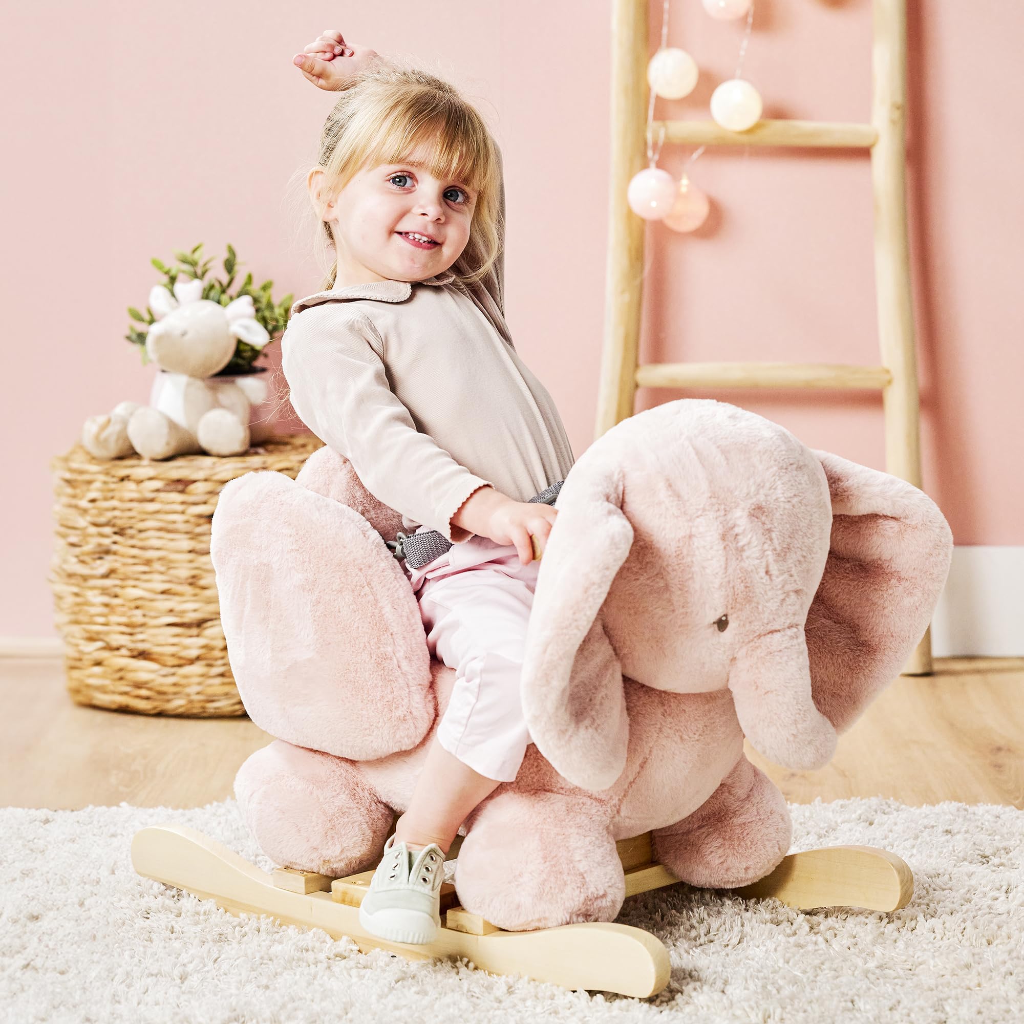 Nattou Schaukeltier, Elefant, Inkl. Sicherheitsgurt, Fröhliches Hin- und Herschaukeln, 100% Polyester, FanFan, Altrosa