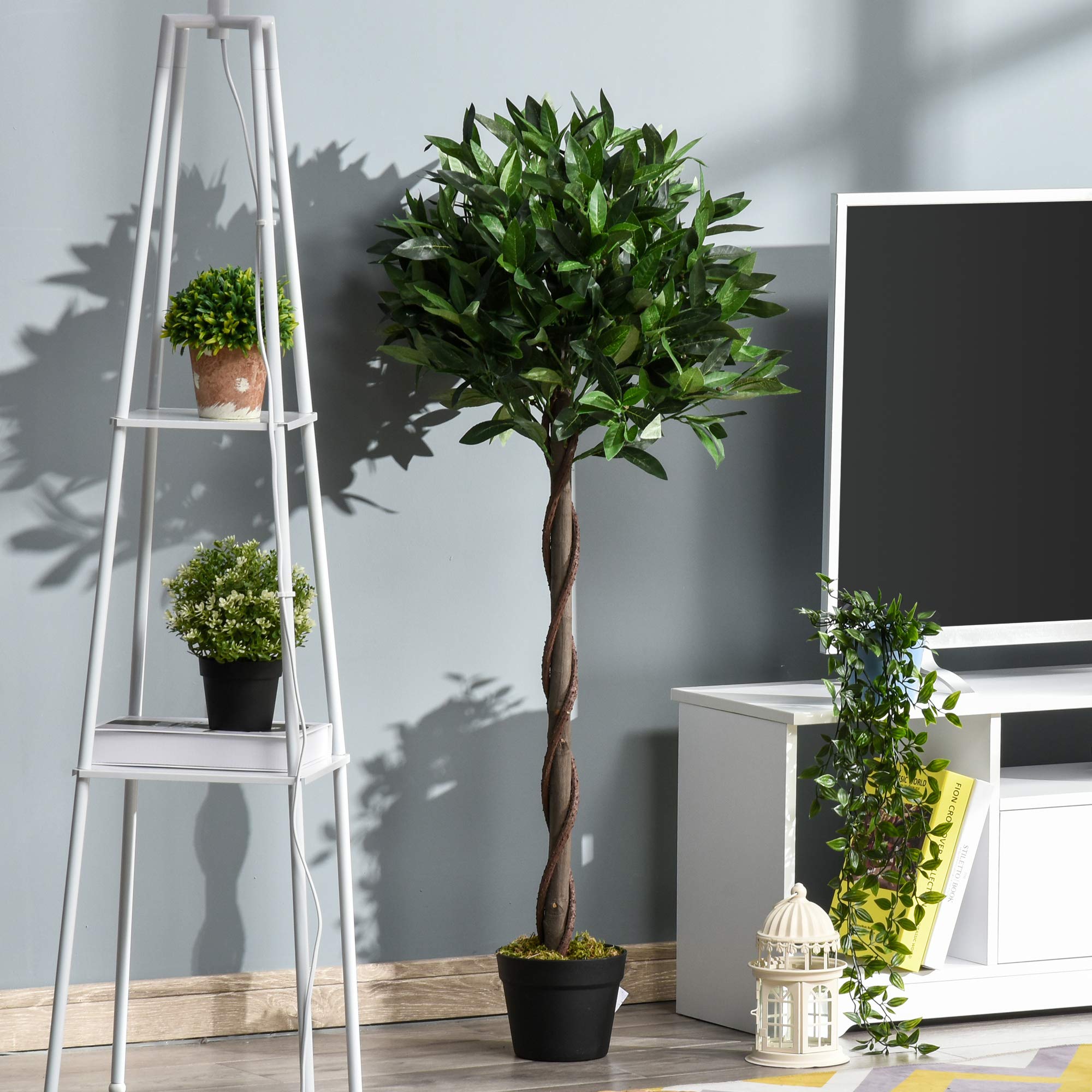 Outsunny Set di 2 Alberi di Alloro in Vaso Altezza 120cm in Plastica | Piante Finte, per Interno, Ufficio, Soggiorno
