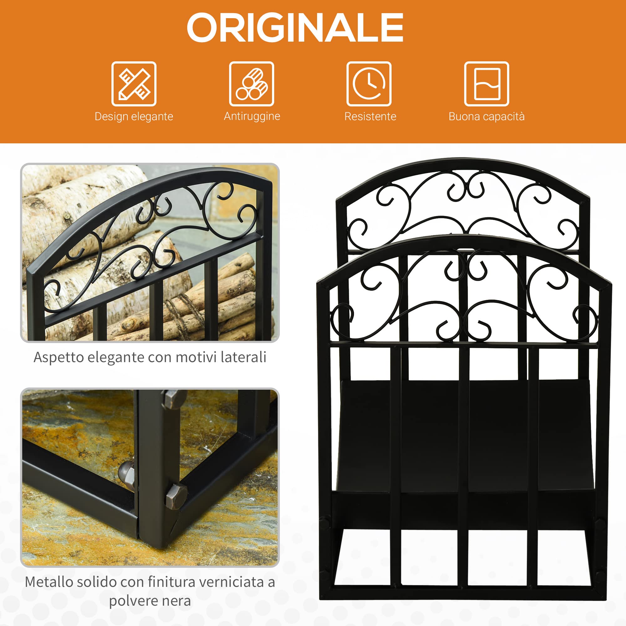 Outsunny Portalegna Metallico Interno Esterno 60kg Nero 60.5x36x46.5cm