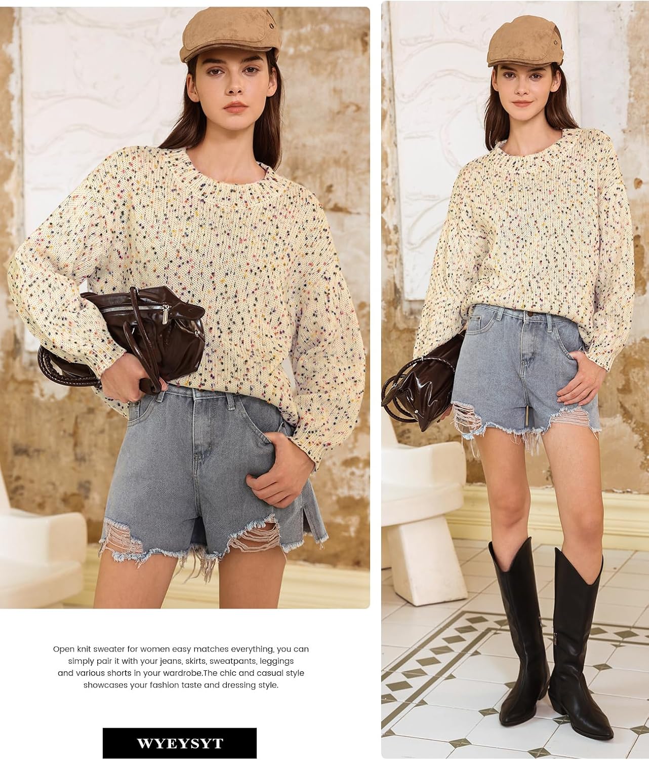 Wyeysyt Womens Sweaters Oversized Rainbow Pom Chunky Sweater Colorful Long Sleeve Knit Pullover Tops - Image 6