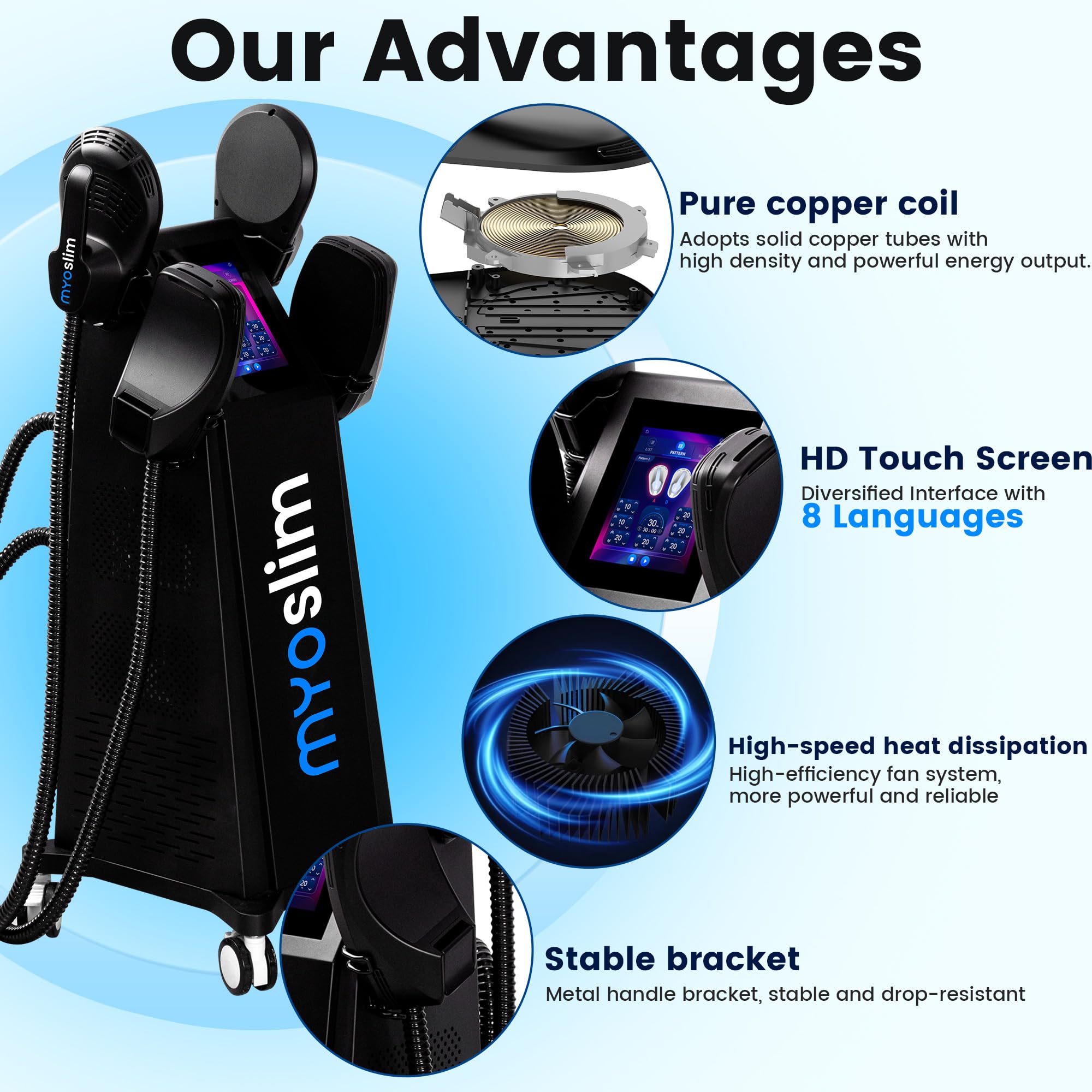 Dispositivo de electroestimulación muscular (EMS) para moldear el cuerpo, esculpir el abdomen, las caderas y los brazos, reafirmar la piel, apto para uso doméstico o profesional, 4 asas, color negro