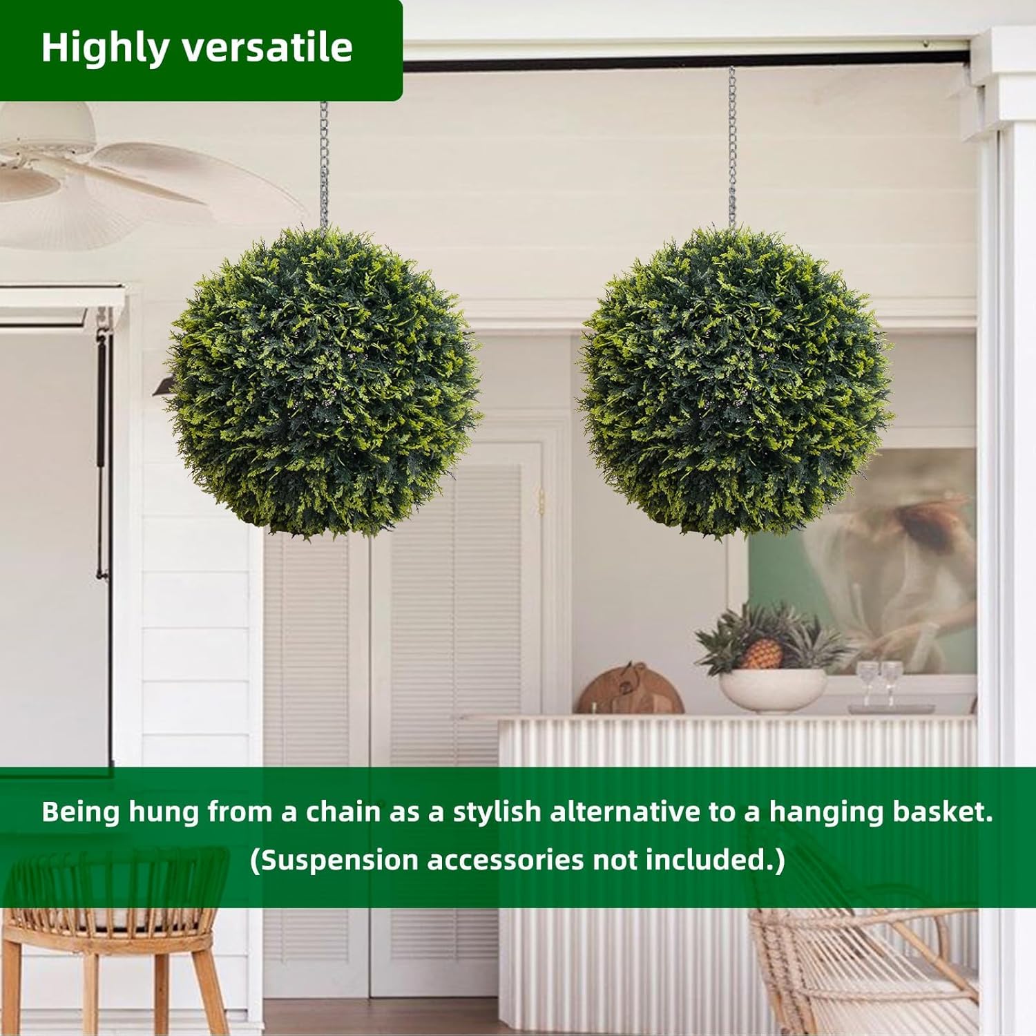 Acekool 19" Topiary Ball 2 Pcs, UV-Protected Artificial Cedar & Boxwood Spheres with Hanging Chain, Realistic Faux Greenery for Patio, Garden, Wedding, Indoor/Outdoor Décor
