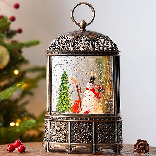 Musical Snow Globes Lantern, Lighted Snowman with Bunny, Fox, Cardinal and Squirrel Snow Water Lantern Swirling Glittering Home Decoration, Battery Operated or USB Powered