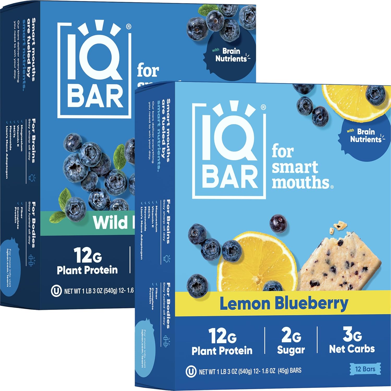 IQBAR Clean Plant Protein Bars - Wild Blueberry + Lemon Blueberry 12 Count Bundle - Keto, Vegan, High Fiber, Gluten and Dairy Free, Low Sugar Snack - Brain and Body Nutrients for Focus, Energy