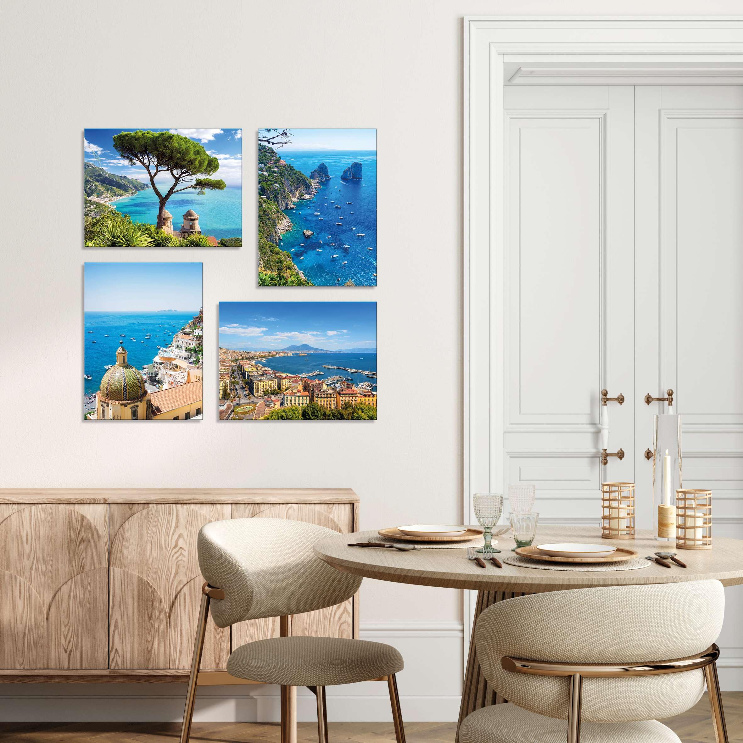 Set 4 Quadri 40x30 cm - Stampa su Tela con telaio in legno - Paesaggi Italiani – Panorama Amalfi, Capri, Napoli, Positano