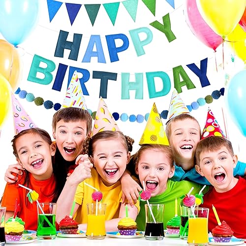 Miniatura 5 de CANREVEL Cartel de feliz cumpleaños 3D preencordado, 3 guirnaldas de fieltro azul, guirnalda de pompones, banderines de tela triangular,