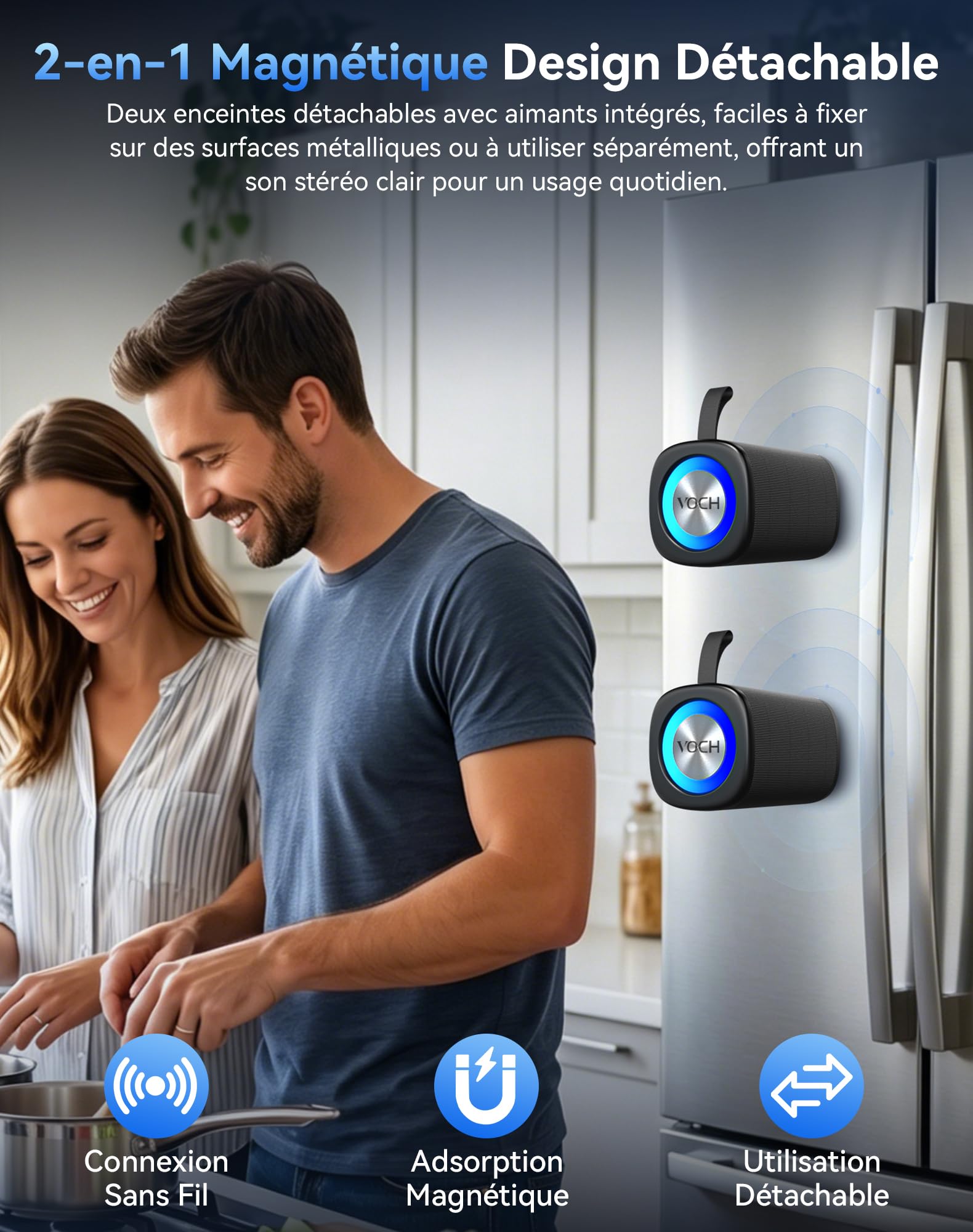VOCH Enceinte Bluetooth Portable sans Fil Haut-Parleur 2‑en‑1 Magnétique avec Lumières RGB, Stéréo Puissante, Bluetooth 5.4, Appairage TWS, Étanche IPX7, 20H Autonomie pour Fête, Maison