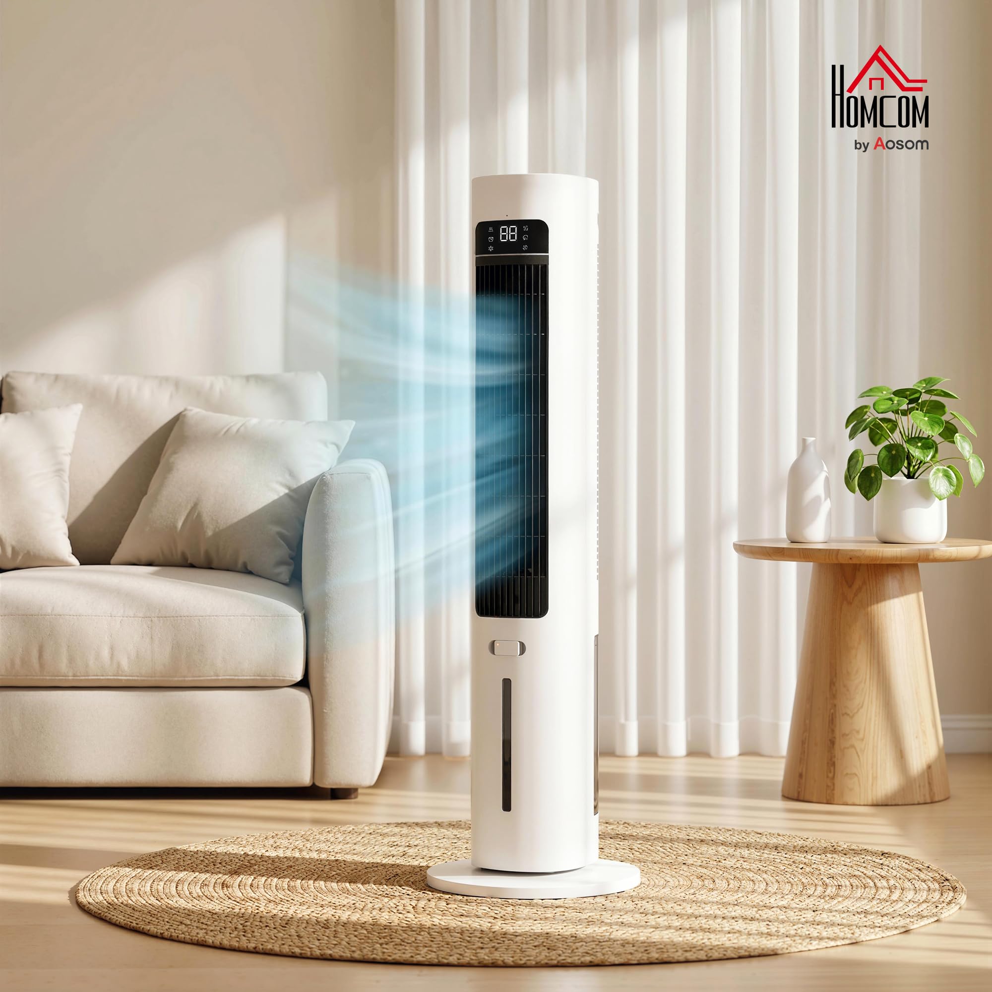 HOMCOM Climatizador Evaporativo de Torre 3 en 1, Enfriador de Aire Portátil con Depósito de 3 L, Oscilación 48°, 3 Velocidades, 3 Modos, Temporizador 12h y Mando a Distancia, 2 Acumuladores de Frío