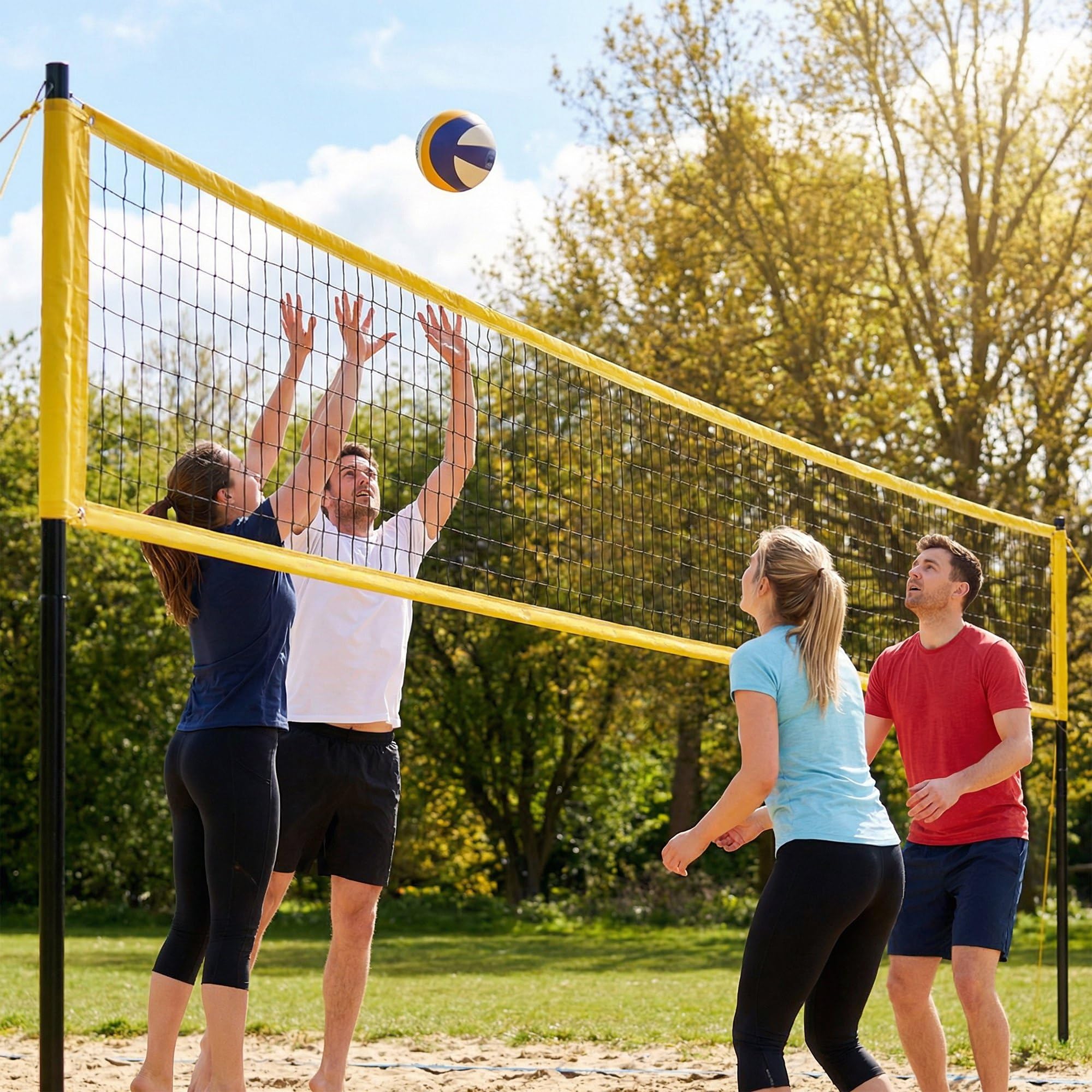 SPORTNOW Set di pallavolo e Badminton, pali in acciaio regolabile in altezza, pallone da pallavolo, rete Badminton portatile, 4 racchette da neve, 4 volant, borsa per il trasporto, per prato spiaggia