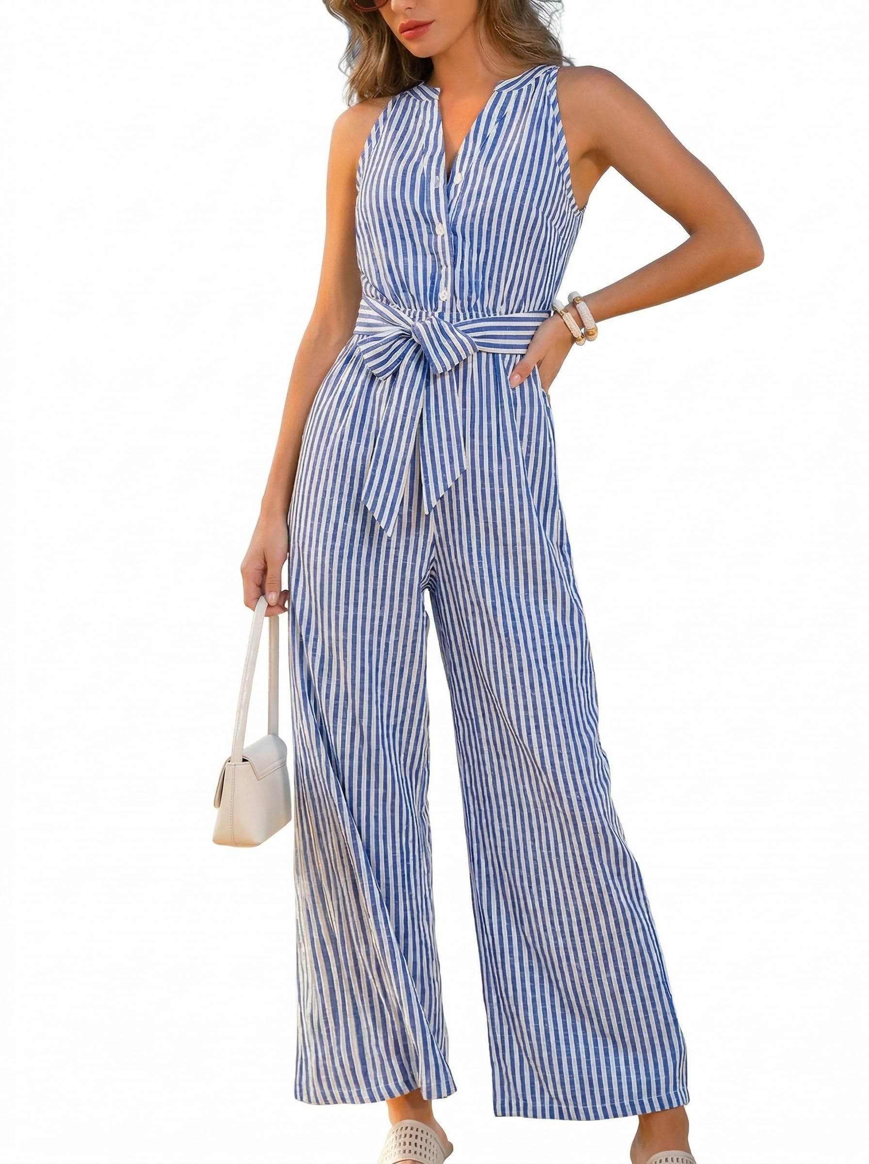 CUPSHE Damen Elegant Jumpsuit Gestreift Knopfleiste Ärmellos Sommer Overall | Bindegürtel betont die Taille, Luftiges Material, Fließender Fall, Ideal für Urlaub, Freizeit und sommerliche Ausflüge