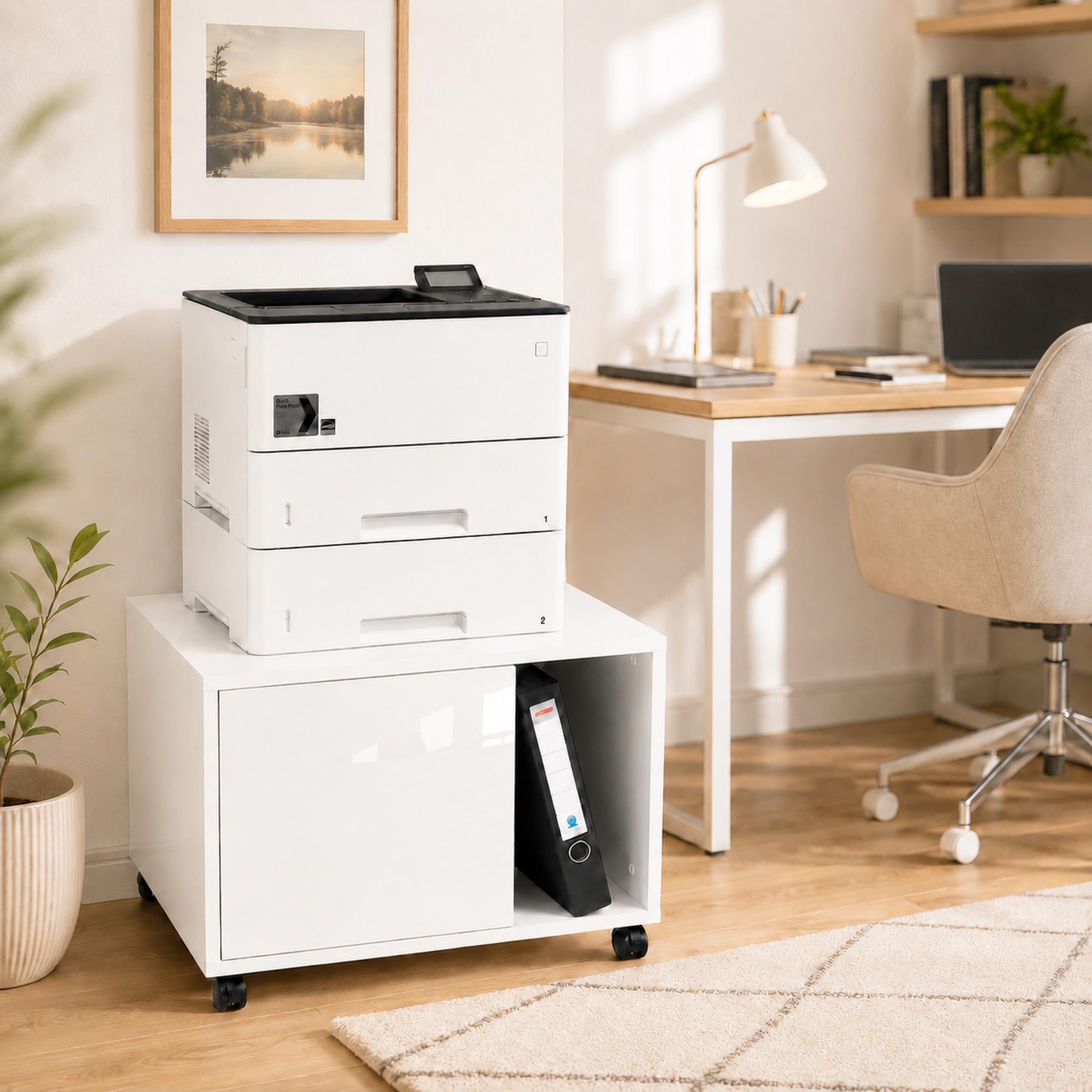 Druckerschrank Amira Weiß Hochglanz Front, Druckerkommode mit Rollen, 58x52x44 cm, Push-to-Open Tür, extra tief und geschlossen