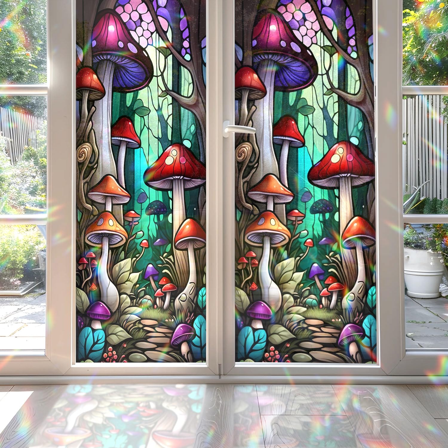 Mushroom Forest Stained Glass Window Film, Decorative Mushroom Forest Stained Glass Window Film, Mushroom Forest Stained Glass Window Film for Bathroom Door Heat Anti UV RF03