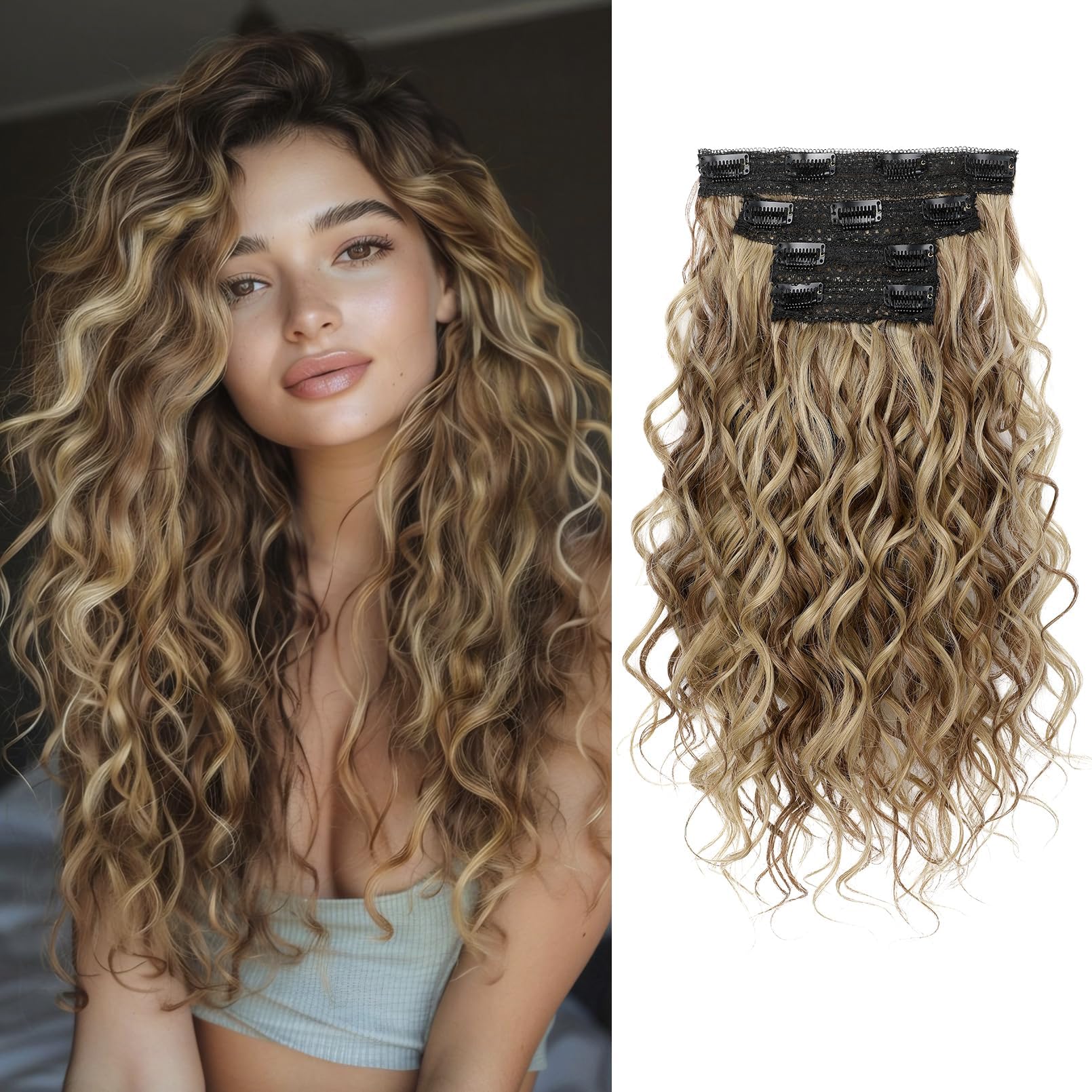 Photo 1 of REECHO 16" Curly Clip-In Hair Extensions - Light Brown/Blonde Highlights