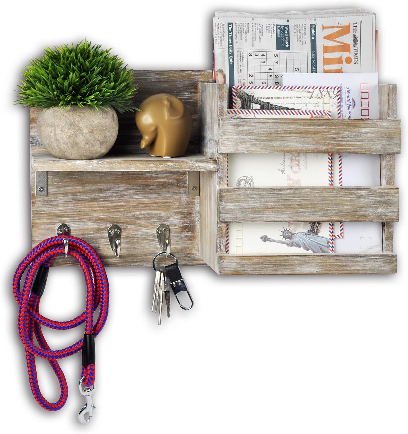 Spiretro Wall Mount Country Rustic Torched Wood Entryway Mail Envelope Organizer Key Holder Hooks, Leash Hanging, Coat Rack, Letter & Newspaper Storage, Ornament Home Decorative Floating Shelf (beige)