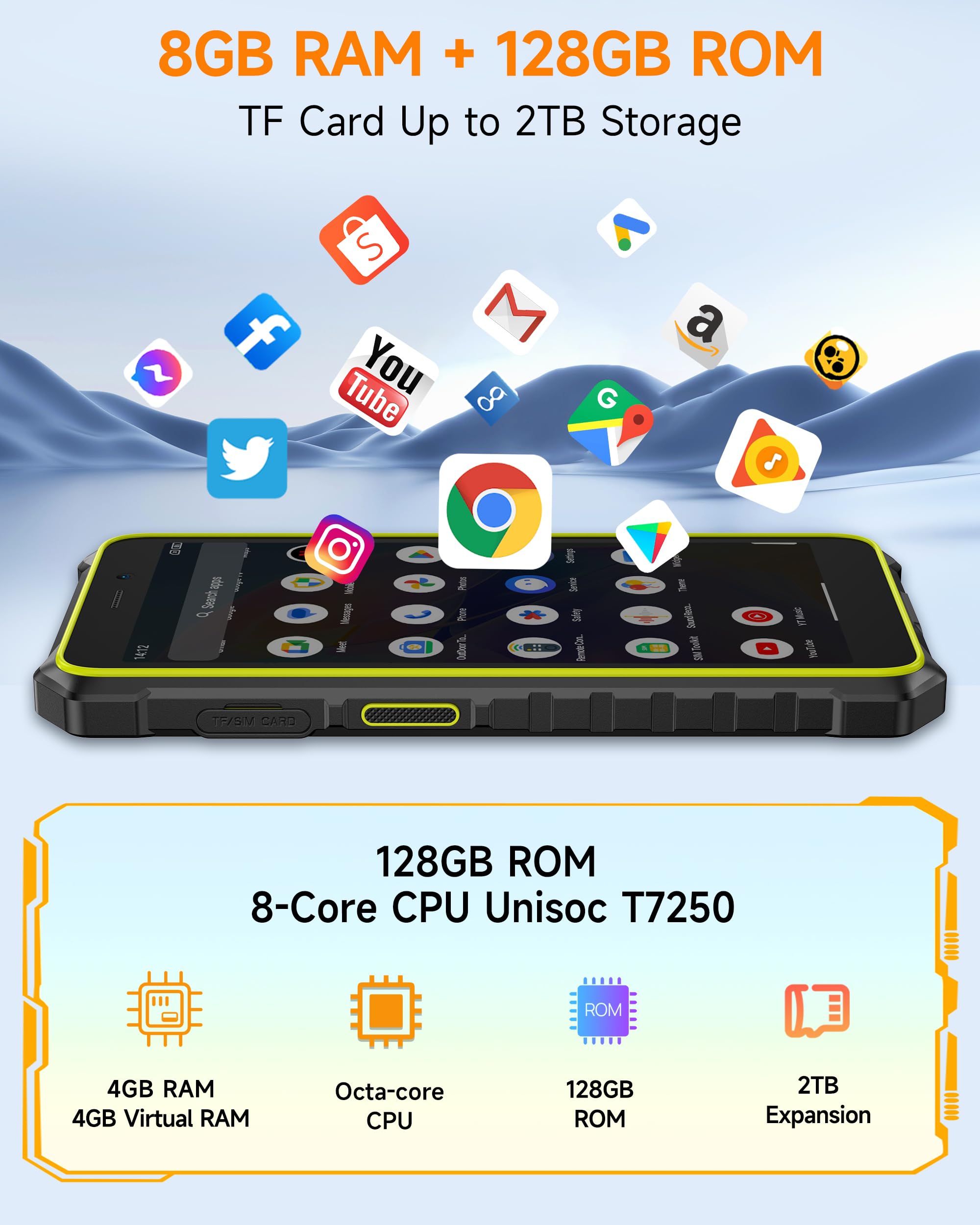 Ulefone RugKing 3 Pro Outdoor Handy Android 15 AI Rugged Smartphone, 5700mAh Akku 16GB 128GB/SD-2TB, Octa-Core 48MP 6.56 Zoll 120Hz, 120LM Super-Fackel/3 Kartenfächer/IP68/IP69K/OTG/NFC/GPS Grün