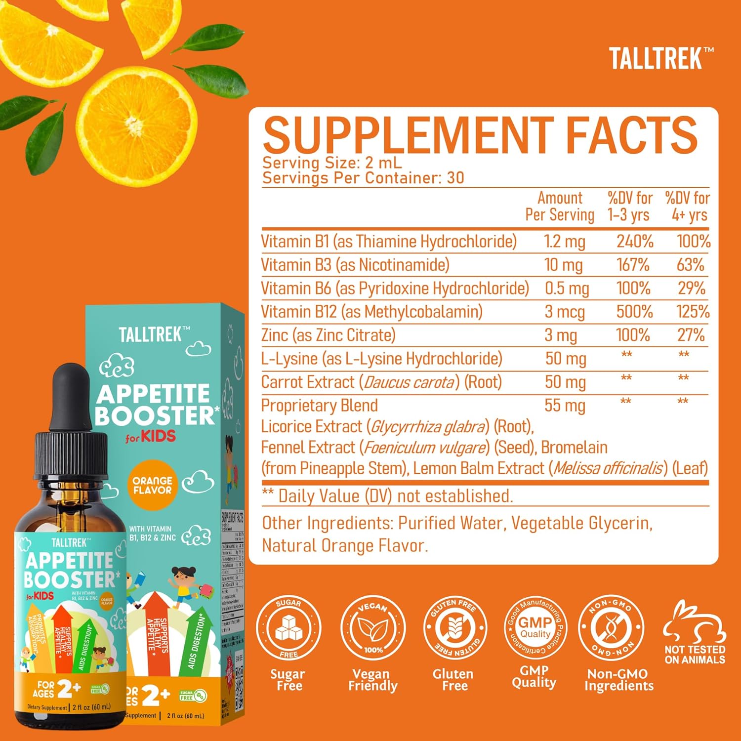 Appetite Booster Drops for Kids - Toddler Liquid Formula to Support Healthy Nutrient Absorption with Vitamins B1 B3 B6 B12 Zinc & L-Lysine - Ages 2+ - Sugar-Free 2 Fl Oz