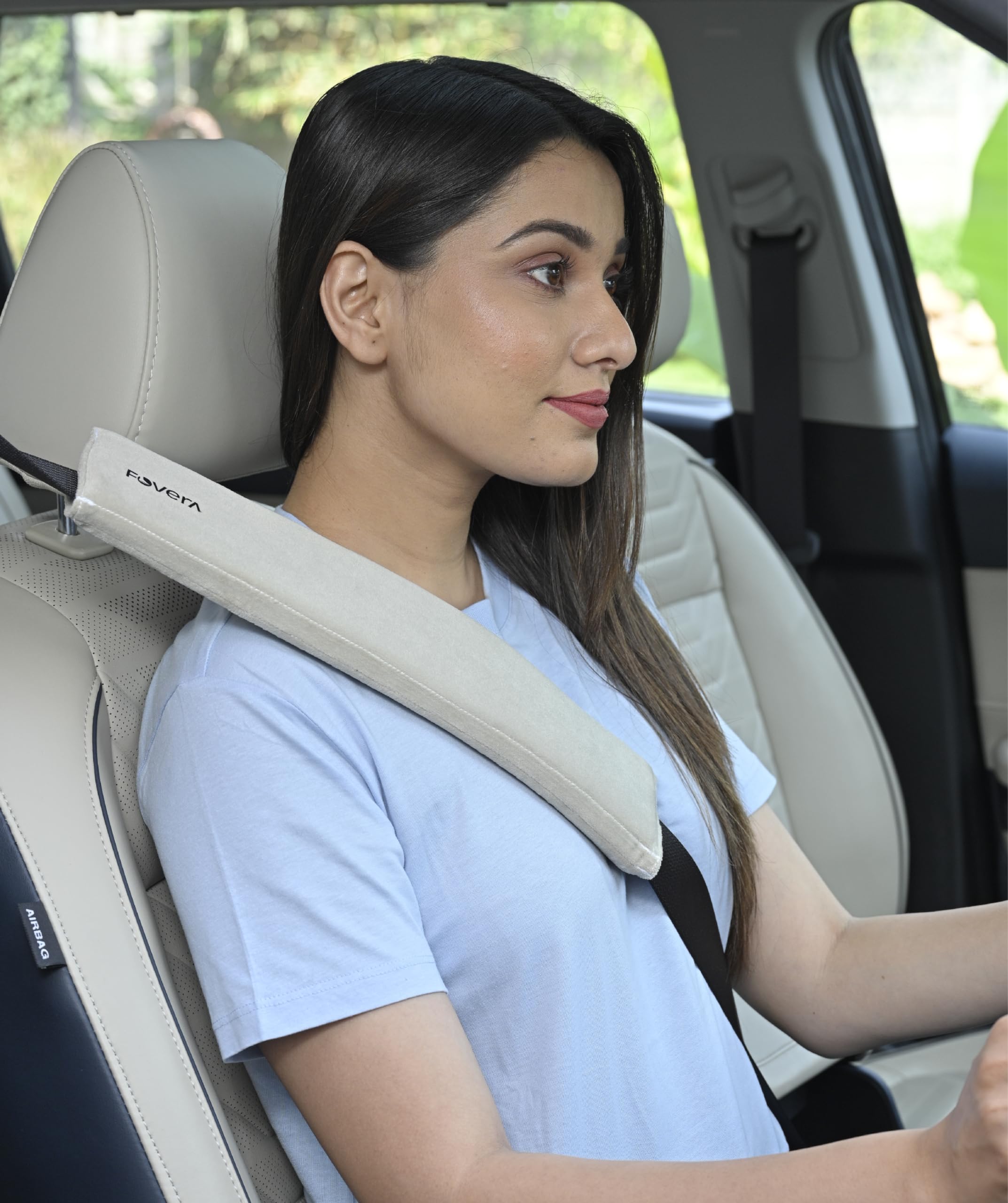 FOVERA Car Seat Belt Shoulder Pads (Pack of 2) Car Safety Belt Soft Pad Cover for Comfortable Driving, Universal Fit for All Cars and Backpack (Cream Color, 12 Inch Length)