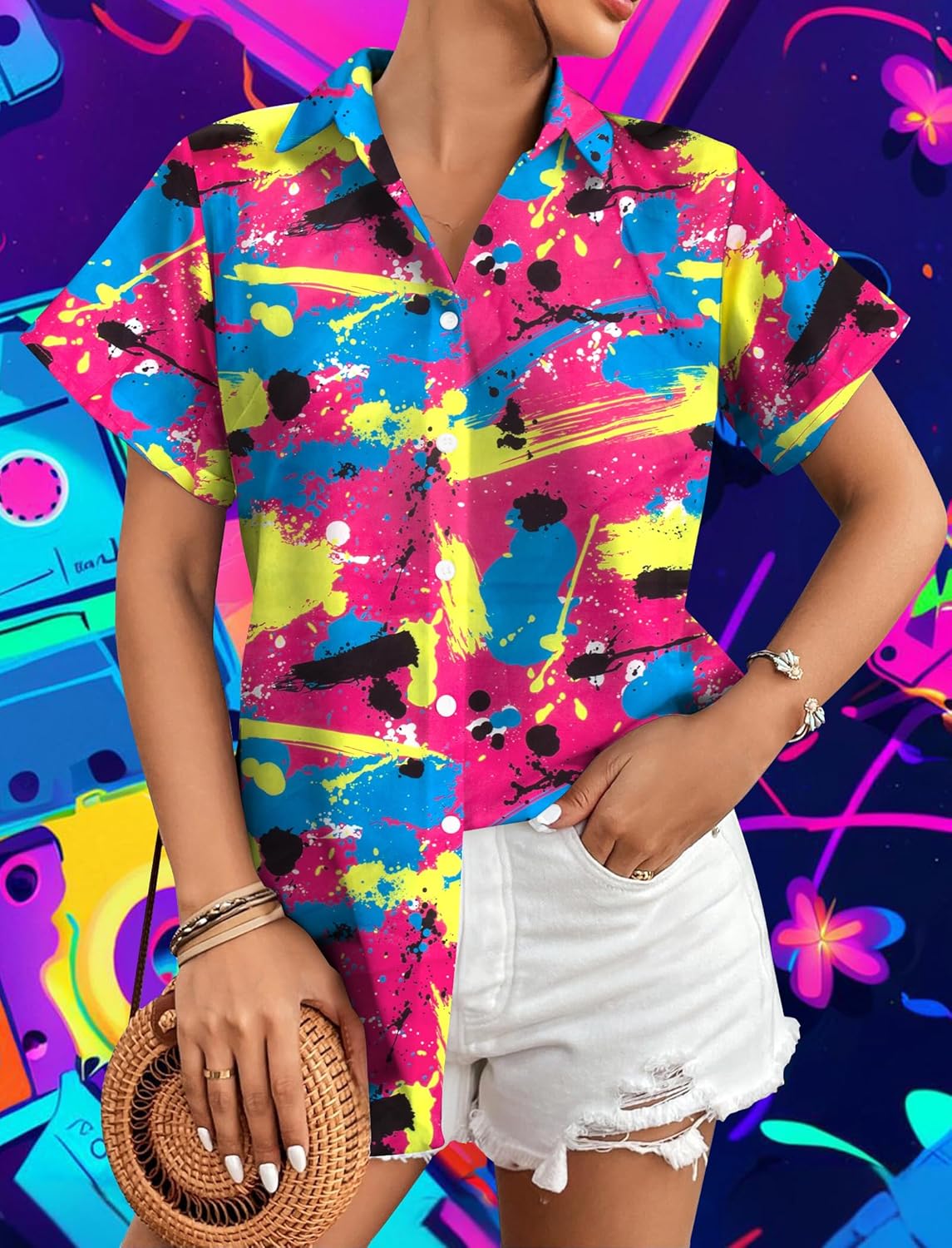 80s Outfits Women 80s 90s Neon Shirt Retro Theme Party Disco Shirt Hawaiian Button Down Short Sleeve Tops - Image 3